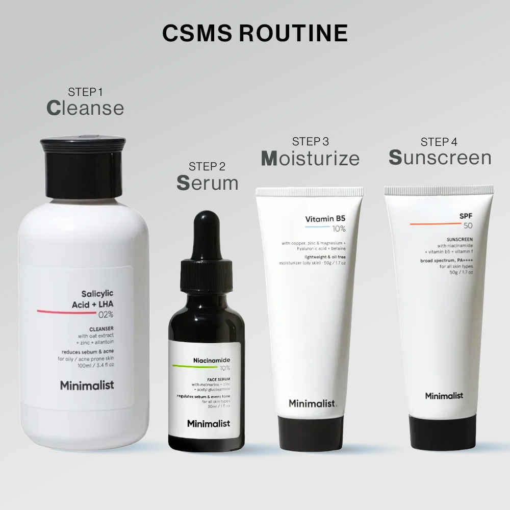 Buy Minimalist CSMS Combo: Face Wash (100ml) + Serum(30ml) + Moisturizer (50g) + Sunscreen (50ml) - Purplle