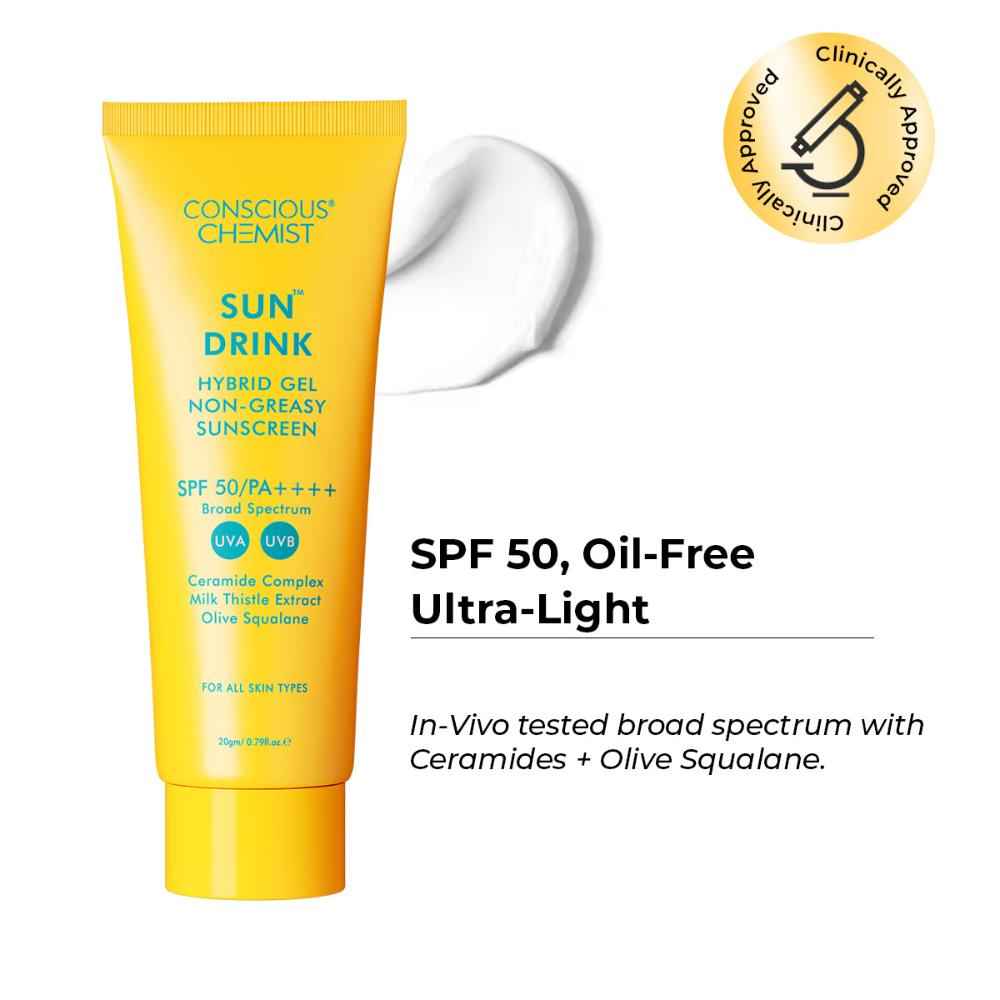 Buy Conscious Chemist Sun Drink Hybrid Lightweight Gel Sunscreen SPF50 PA++++ With No White Cast (20 gm) - Purplle