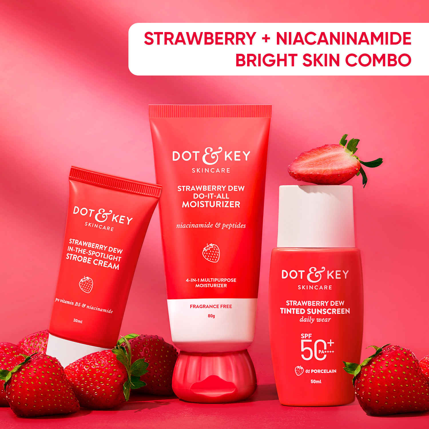 Buy Dot & Key Strawberry + Niacaninamide Bright Skin Combo - Sunscreen, Strobe Cream & Moisturizer - 160 gm - Purplle