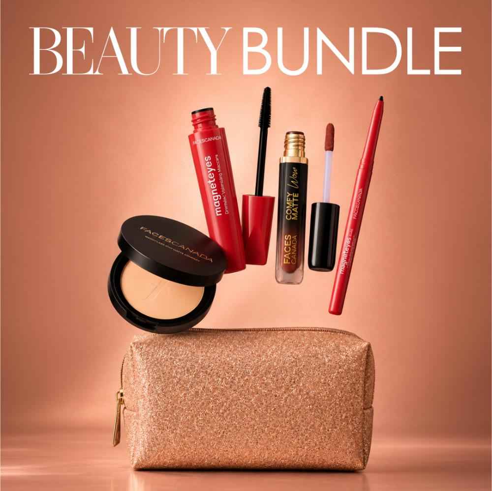 Buy FACES CANADA Beauty Bundle | Magneteyes Kajal (0.35 gm) + Magneteyes Mascara (9.5 ml) + Comfy Matte Wow Lipstick - Choco Couture 01 (3.8 ml) + Weighless Compact Powder - Natural 02 (9 gm) + 1 Glittery Pouch - Purplle