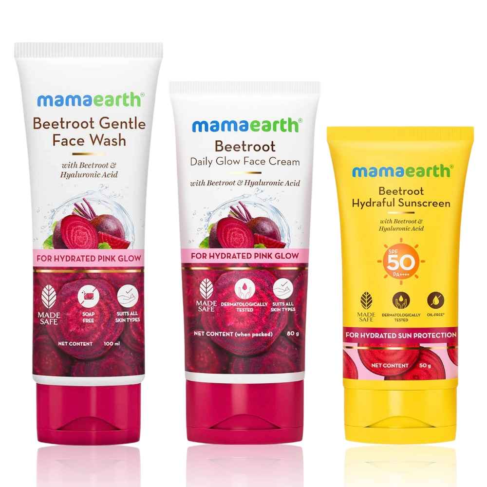 Buy Mamaearth Beetroot Glow Trio - Beetroot Face Wash (100 ml) + Beetroot Daily Glow Cream (80 gm) + Beetroot Hydraful Sunscreen (50 gm) Combo of 3 - Purplle