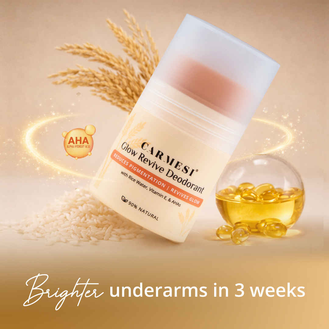 Buy Carmesi Glow Revive Underarm Roll On Deodorant for Women | Brightens Skin, Reduces Pigmentation, Controls Odour | Rice Water, Vitamin E, & AHAs | 90% Natural | No Alcohol & Aluminium | 50 ml - Purplle