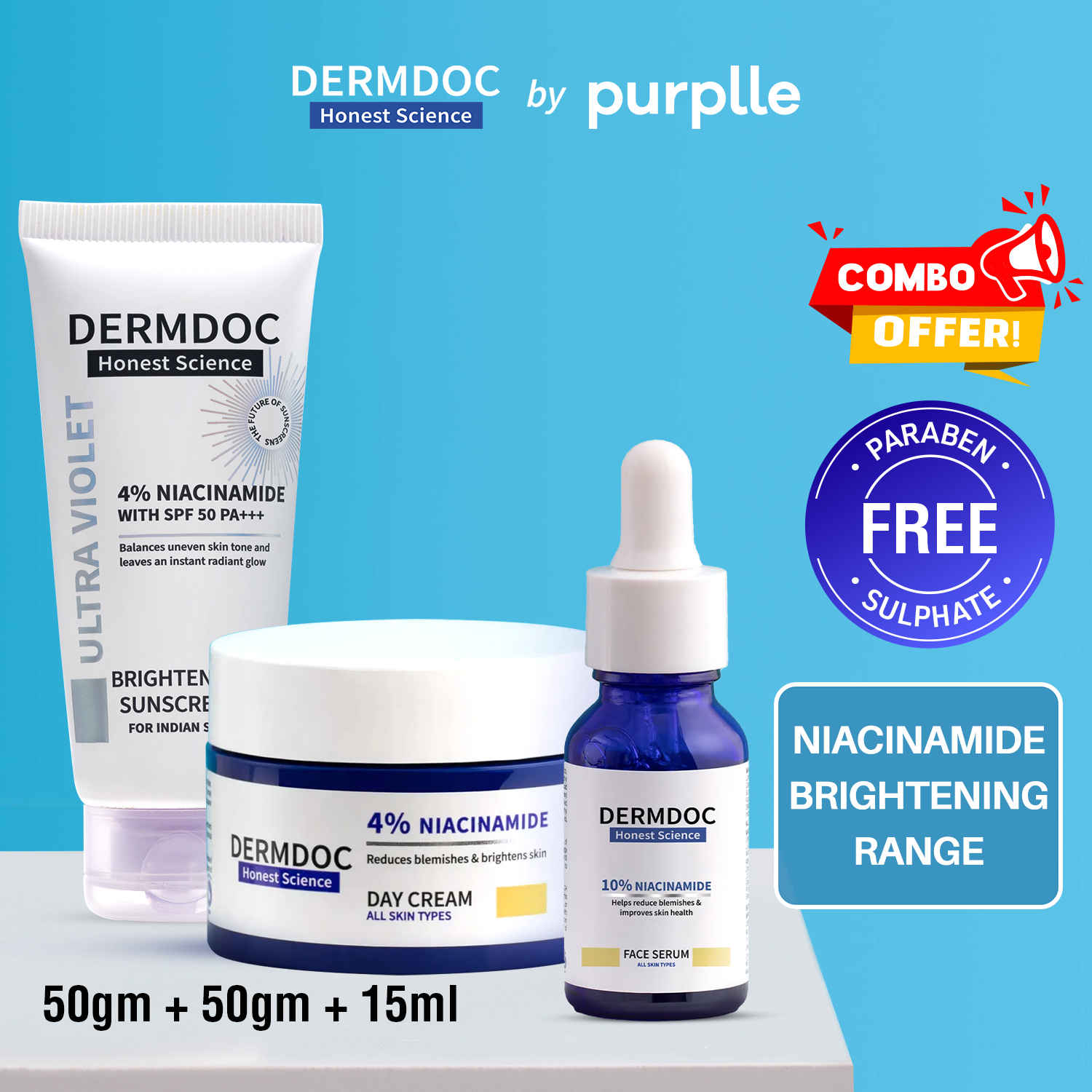 Buy DERMDOC Niacinamide Brightening Range (Combo of 3) | 10% Niacinamide Face Serum (15 ml) | 4% Niacinamide Ultra Violet Brightening Sunscreen SPF 50 PA+++ | 4% Niacinamide Face Cream for Clear & Bright Skin (50 gm) - Purplle