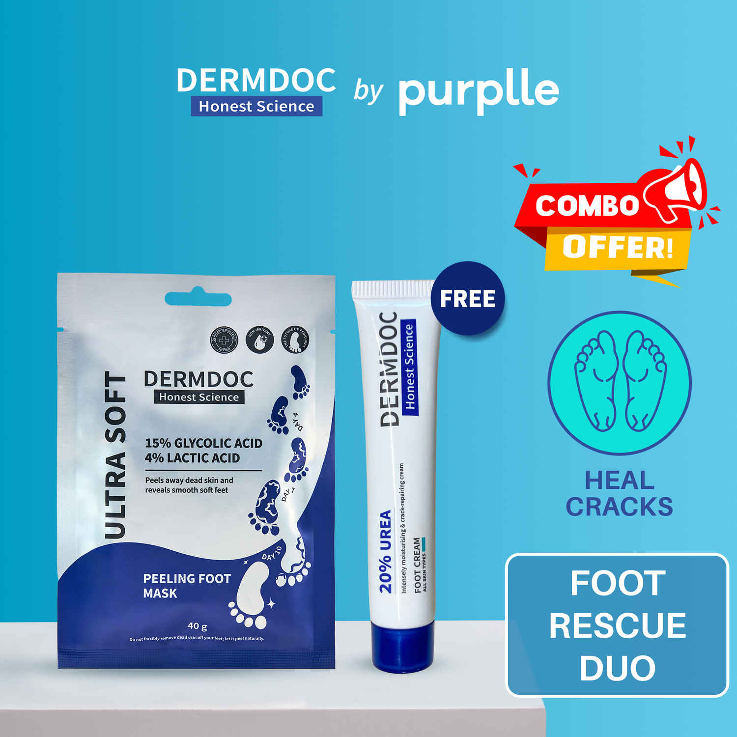 Buy DERMDOC Foot Rescue Duo (Combo of 2) | 15 % Glycolic Acid & 4% Lactic Acid InstaPedi Foot Peeling Mask (40 gm) | 20% Urea Foot Cream (20 gm) - Purplle