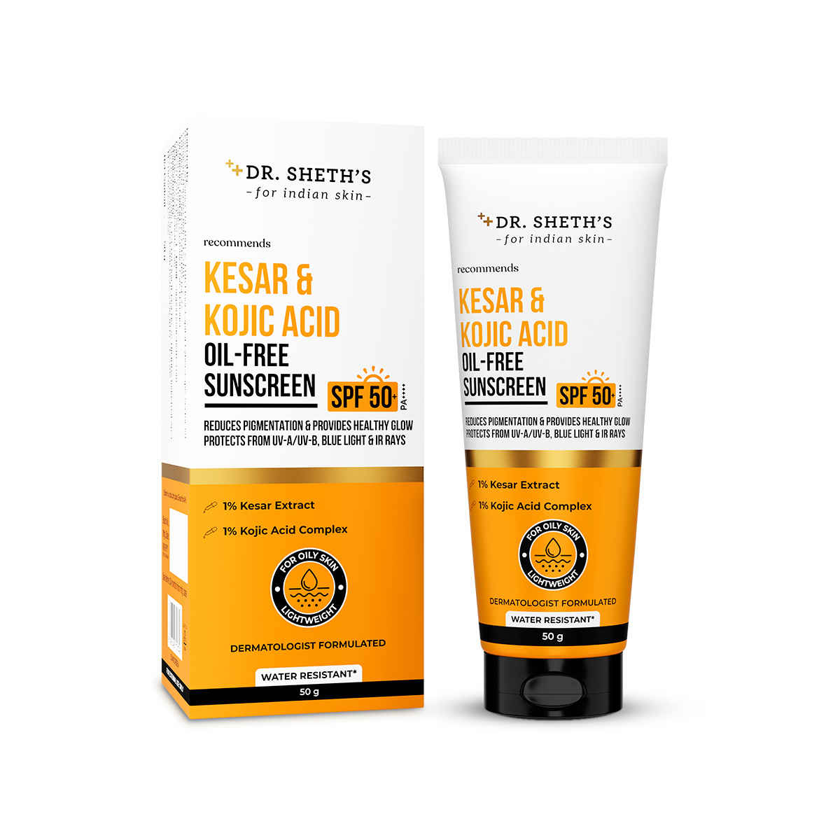 Buy Dr. Sheth's Kesar & Kojic Acid Oil-Free Sunscreen SPF 50+ PA++++, In-Vivo Tested, No White Cast, for Oily & Acne prone skin, Reduces pigmentation & gives even tone skin (50 gm) - Purplle