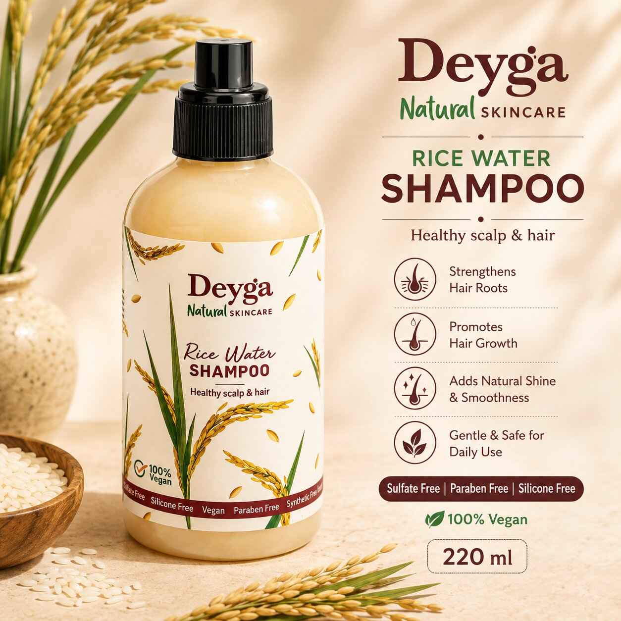 Buy Deyga Rice Water Shampoo (220 ml) | Controls Frizz | Deep Cleanses Scalp | Free from Paraben and Sulfate - Purplle