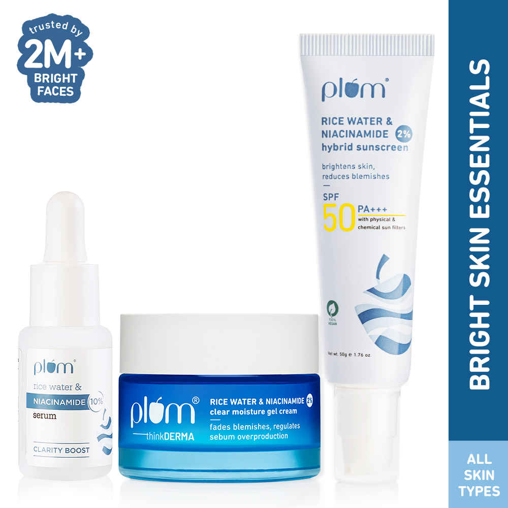 Buy Plum Bright Skin Essentials Kit - 10% Niacinamide Face Serum with Rice Water (15 ml) + 2% Niacinamide & Rice Water Hybrid Face Sunscreen (50 gm) + thinkDERMA 2% Niacinamide & Rice Water Clear Moisture Gel Cream (50 gm) - Purplle