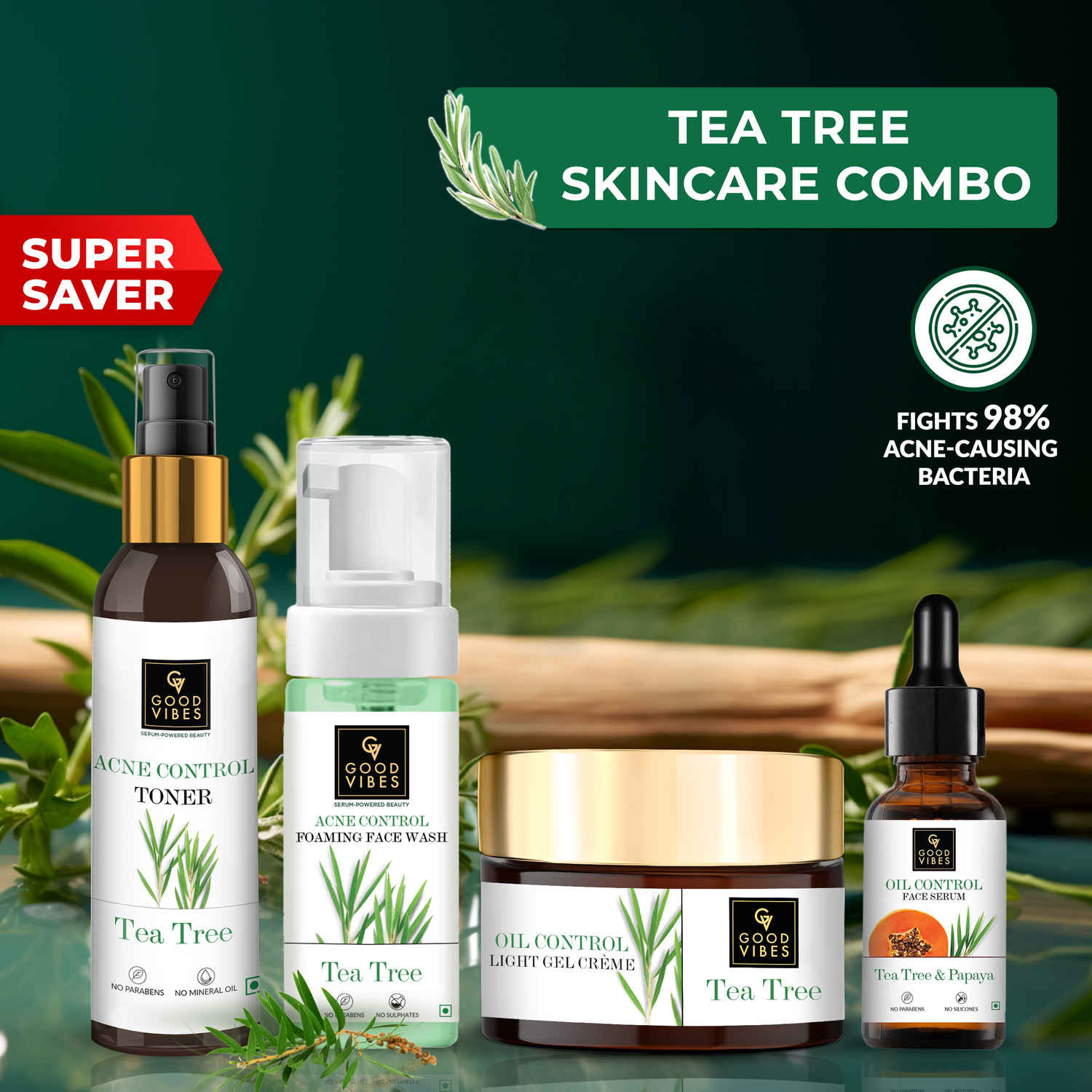 Buy Good Vibes Acne Control Tea Tree Combo (Foaming Facewash(150 ml), Toner(120 ml), Serum(10 ml), Gel creme(50 gm) Combo of 4 - Purplle