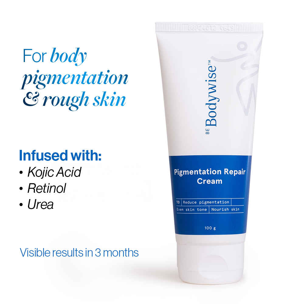 Buy Be Bodywise Pigmentation Cream 100 gm | 2.5% Lactic Acid, 2% Urea, Retinol & Kojic Acid | Reduces Tan, Pigmentation & Evens Skin Tone | Treats Dark Patches & Rough Skin on Elbows, Knees, Back of Neck & Thighs | For Daily Use - Purplle