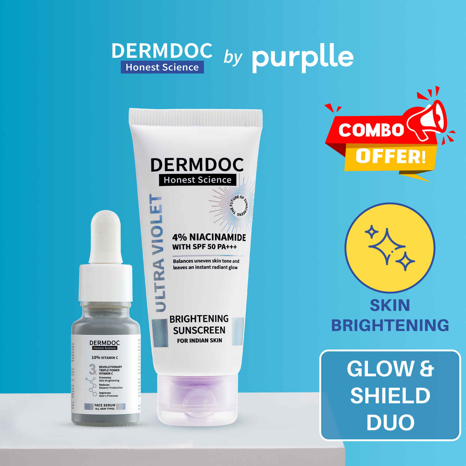 Buy DERMDOC Glow & Shield Duo (Combo of 2) | 4% Niacinamide Ultra Violet Brightening Sunscreen with SPF 50 PA+++ Sun Protection (60gm) | 10% Vitamin C Face Serum for Glowing Skin (12ml) - Purplle