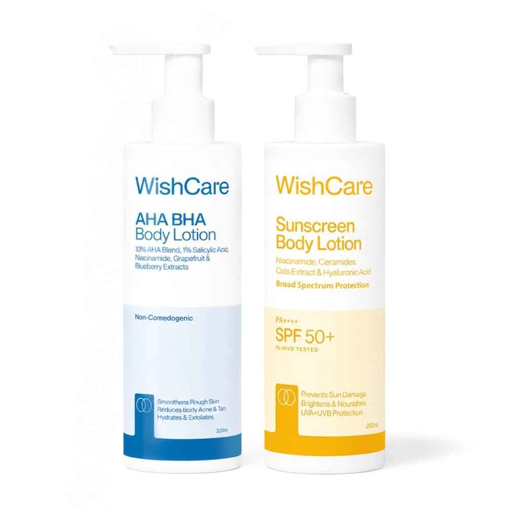 Buy WishCare Detan Combo Sunscreen SPF 50 Broad Spectrum & 10% AHA + 1% BHA Body Lotion Combo of 2 - Purplle