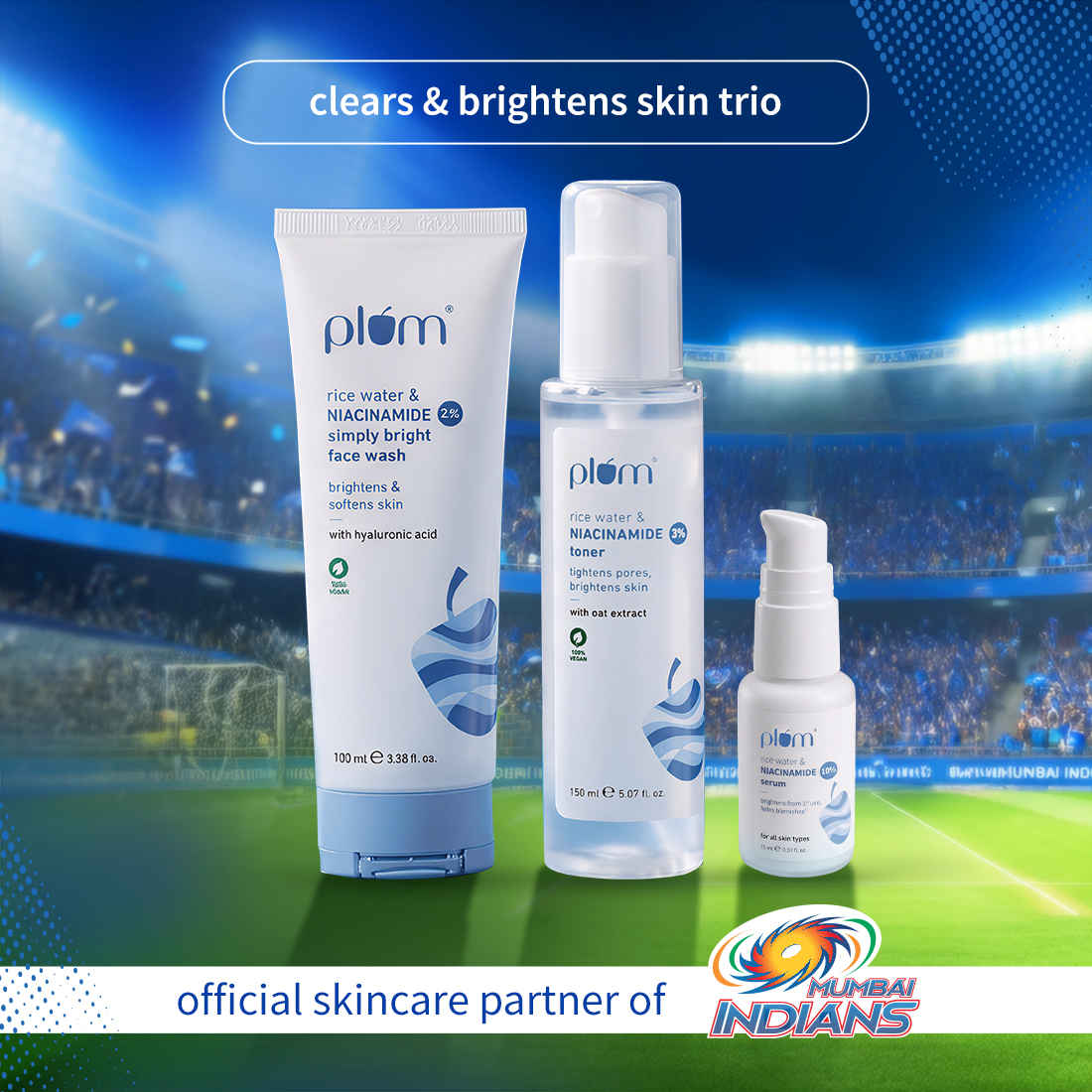 Buy Plum Glow Essentials- Simply Bright 2% Niacinamide Face Wash With Rice Water | 100 ml + 3% Niacinamide & Rice Water Alcohol-Free Toner - 150 ml + 10% Niacinamide Face Serum with Rice Water-15 ml - Purplle