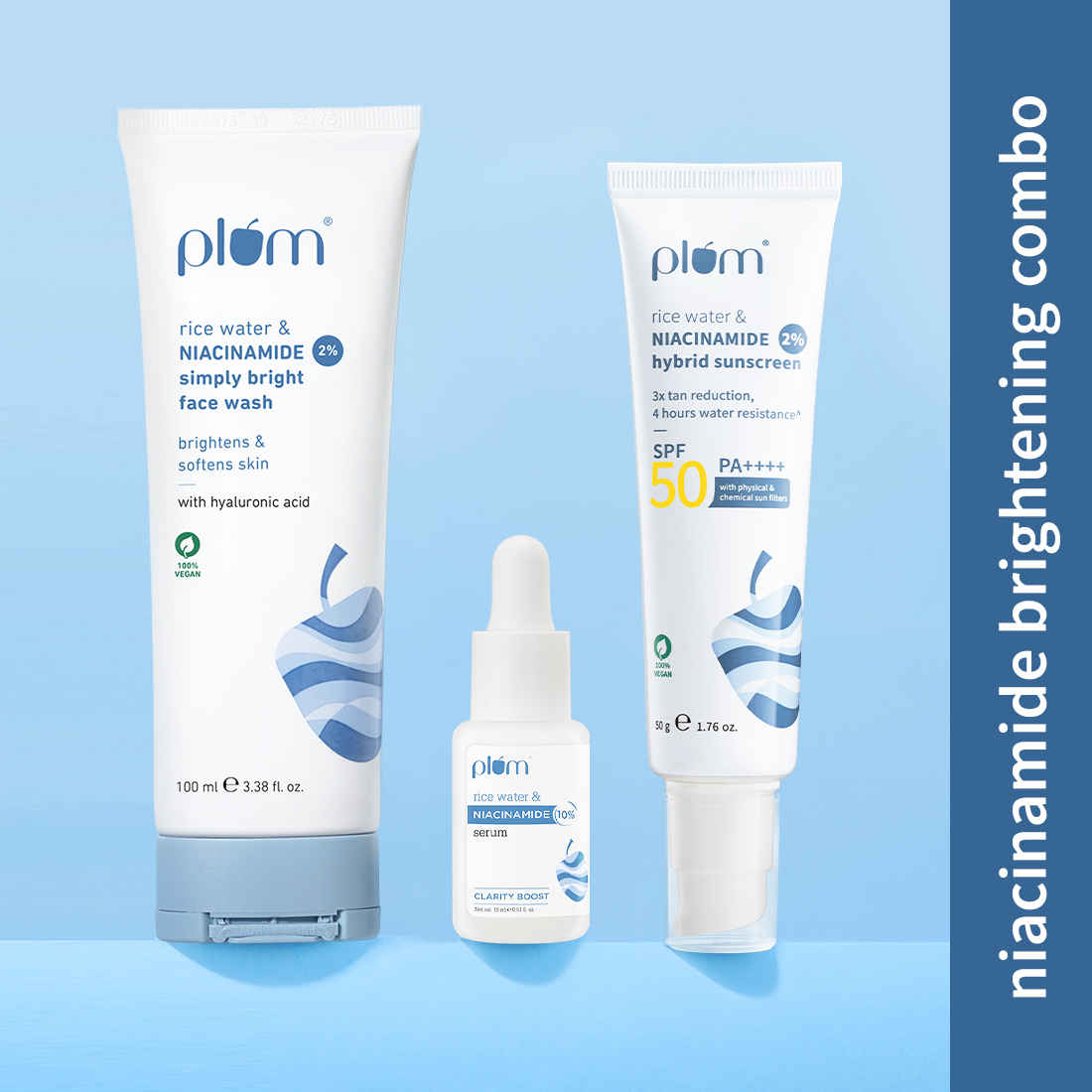 Buy Plum Daily Glow Trio - 2% Niacinamide Face Wash With Rice Water - 100 ml + 2% Niacinamide Sunscreen SPF 50 PA+++ With Rice Water - 50 gm + 10% Niacinamide Face Serum with Rice Water 15 ml - Purplle