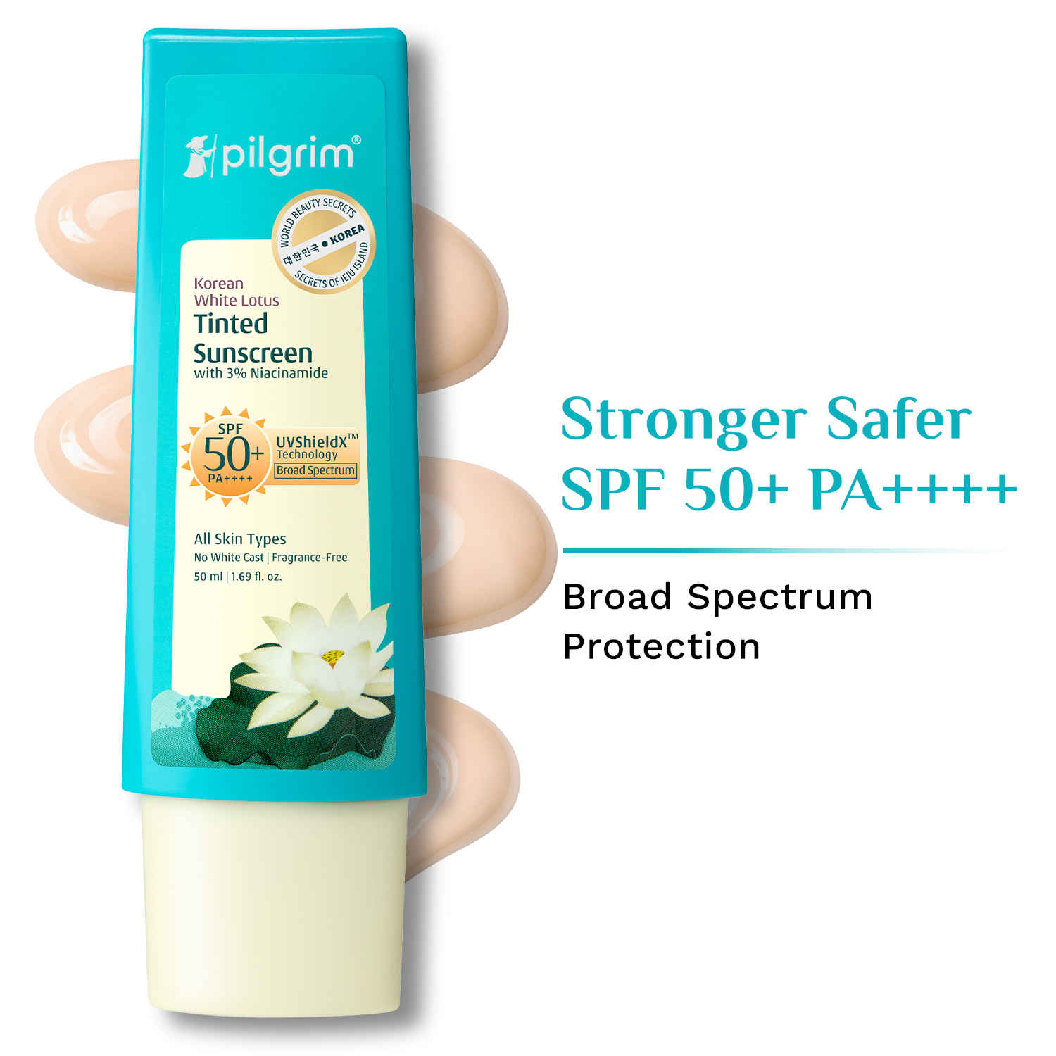 Buy Pilgrim Korean White Lotus Tinted Sunscreen SPF 50+ PA++++ Uv ShieldX Technology with 3% Niacinamide | No White Cast | Prevents Tanning & Brightens Skin Tone | UVA/B Protection | For All Skin Types - 50 ml - Purplle