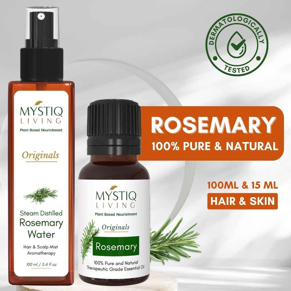 Buy Mystiq Living Rosemary Water Essential Oil Combo, Rosemary Water Spray 100 ml, Rosemary Essential Oil for Hair Growth -15 ml, Hair Fall Control Rosemary Water (Combo of 2) - Purplle