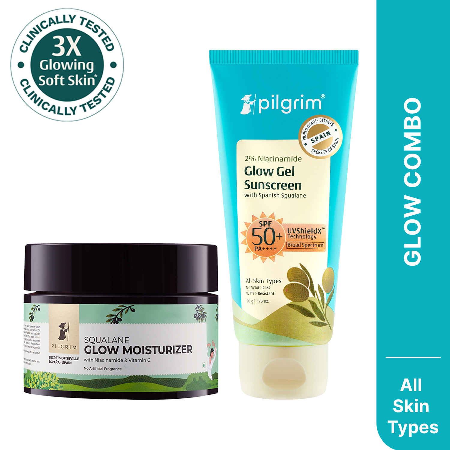 Buy Pilgrim Glow Duo – Squalane Glow Moisturizer (50 gm) & Niacinamide Sunscreen SPF 50 (50 gm) | Hydrates, Brightens & Protects | Lightweight & Non-Greasy | For Glowing Skin | For Men & Women, Skincare Kit, Combo of 2 - Purplle