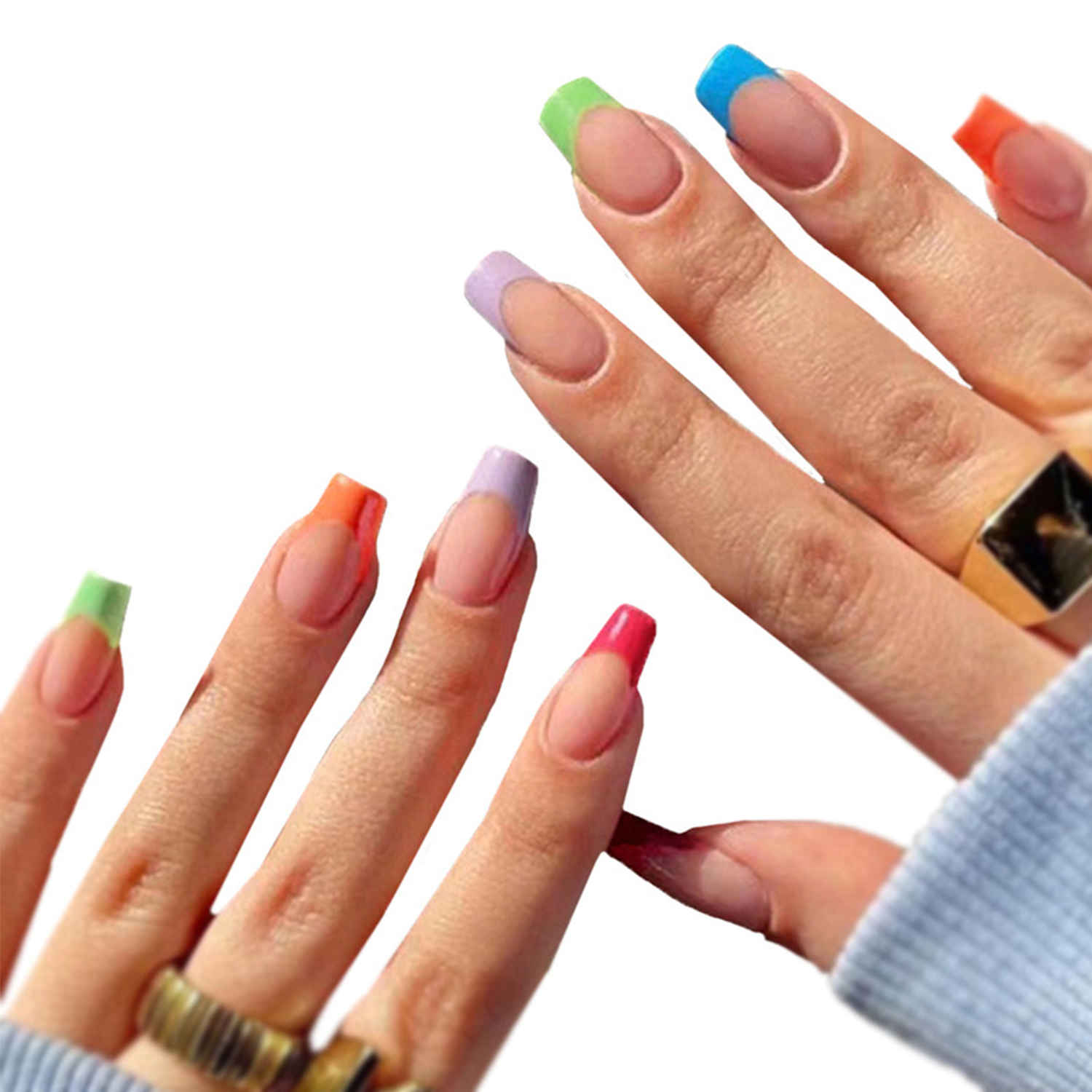 Buy Secret Lives Glossy Reusable Acrylic Artifical Fake False Press on Nails Green Orange Purple Pink Blue Color Combo Luxury 24 Pc Set with Kit - Purplle