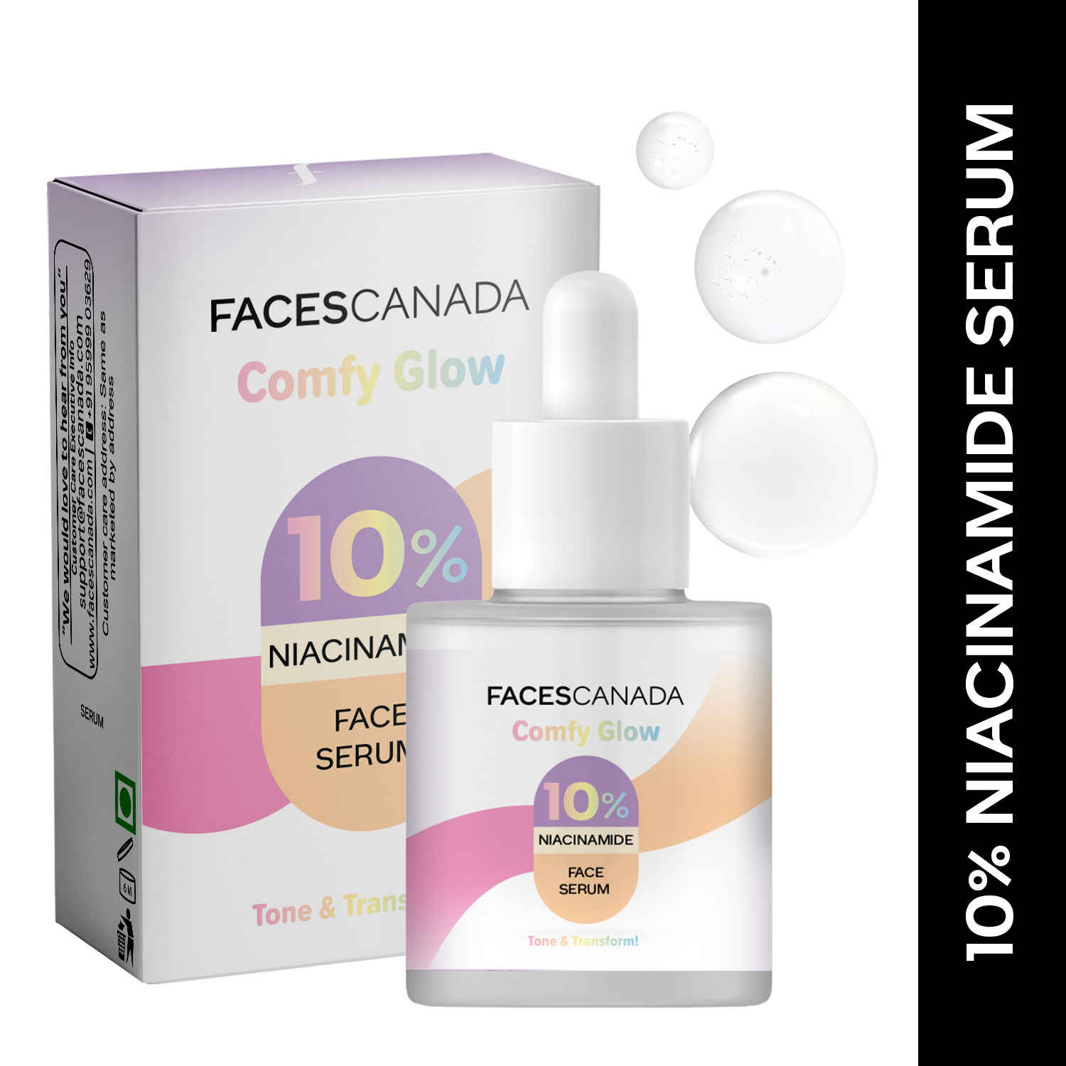 Buy FACES CANADA Comfy Glow 10% Niacinamide Face Serum - 30 ml | Controls Oil | Fades Spots & Marks | Minimizes Pores | Brightens Tone & Refines Skin Texture | Lightweight | Water Based Formula - Purplle