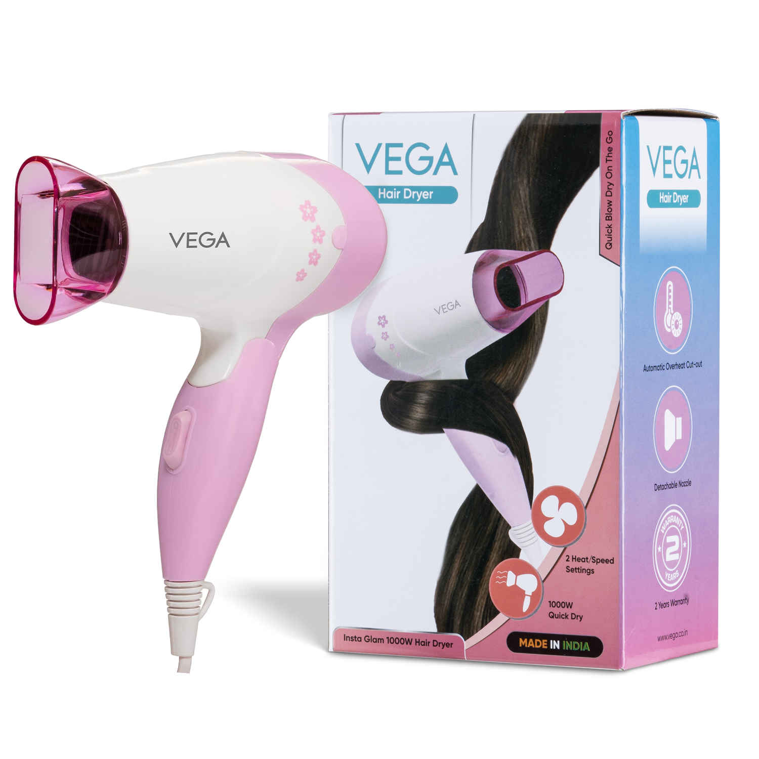 Buy VEGA Insta Glam Foldable 900-1200Watts Hair Dryer for Men & Women, 2 Heat/Speed Settings (Low & High), Perfect Blow Dry & Style, Compact Hair Dryer for Travel & Home Use (VHDH-20) Made In India 1 pc - Purplle
