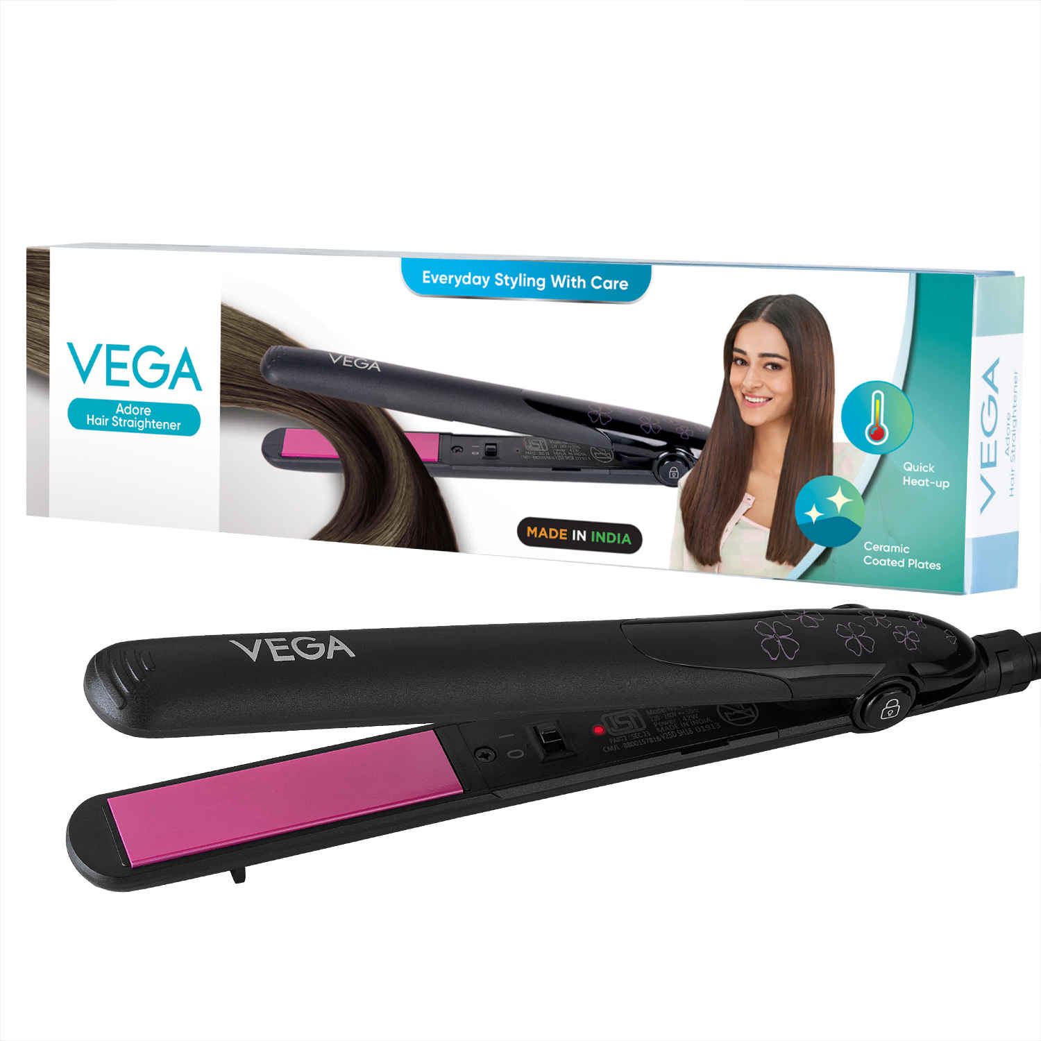 Buy VEGA Adore Hair Straightener for Women with Ceramic Plates & Fast Heat | Naturally Straight Hair In Few Mins | Hair Straightening Iron with Quick Heat Up | All Hair Types | 1 Year Warranty, (VHSH-18) 1 pc - Purplle