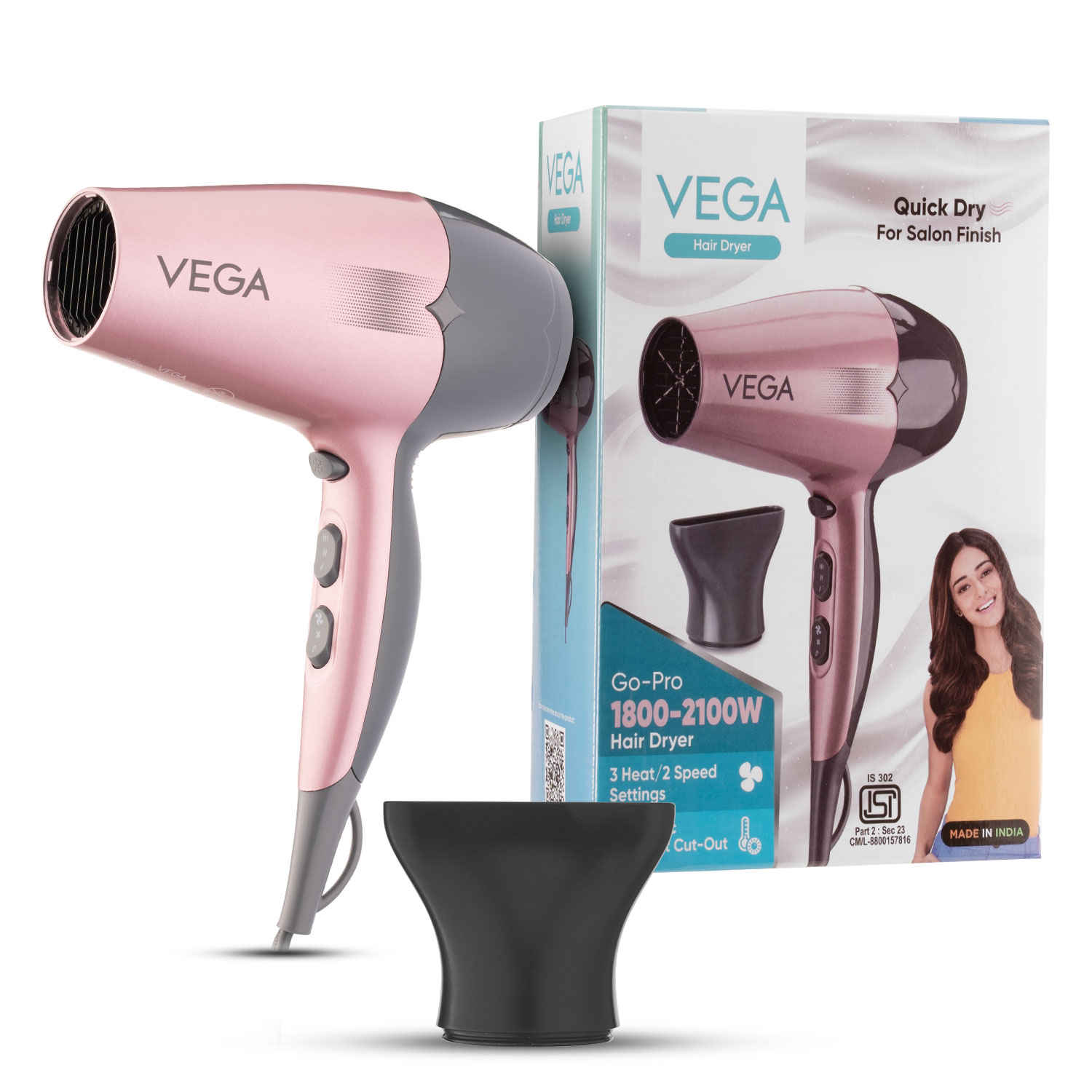 Buy VEGA Go Pro 2100W Professional Hair Dryer with Detachable Nozzle, 2 Speed & 3 Temperature Settings with Cool Shot Button for Salon-like Blow Dry, Hair dryer for Men & Women (VHDH-25) 1 pc - Purplle