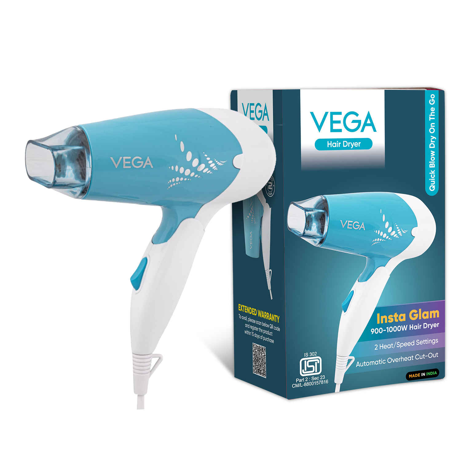 Buy VEGA Insta Glam Foldable 1000 Watts Hair Dryer for Men and Women with 2 Heat & Speed Settings, Detachable Nozzle, Automatic Overheat Cut-out, VHDH-29, (Made in India) 1 pc - Purplle
