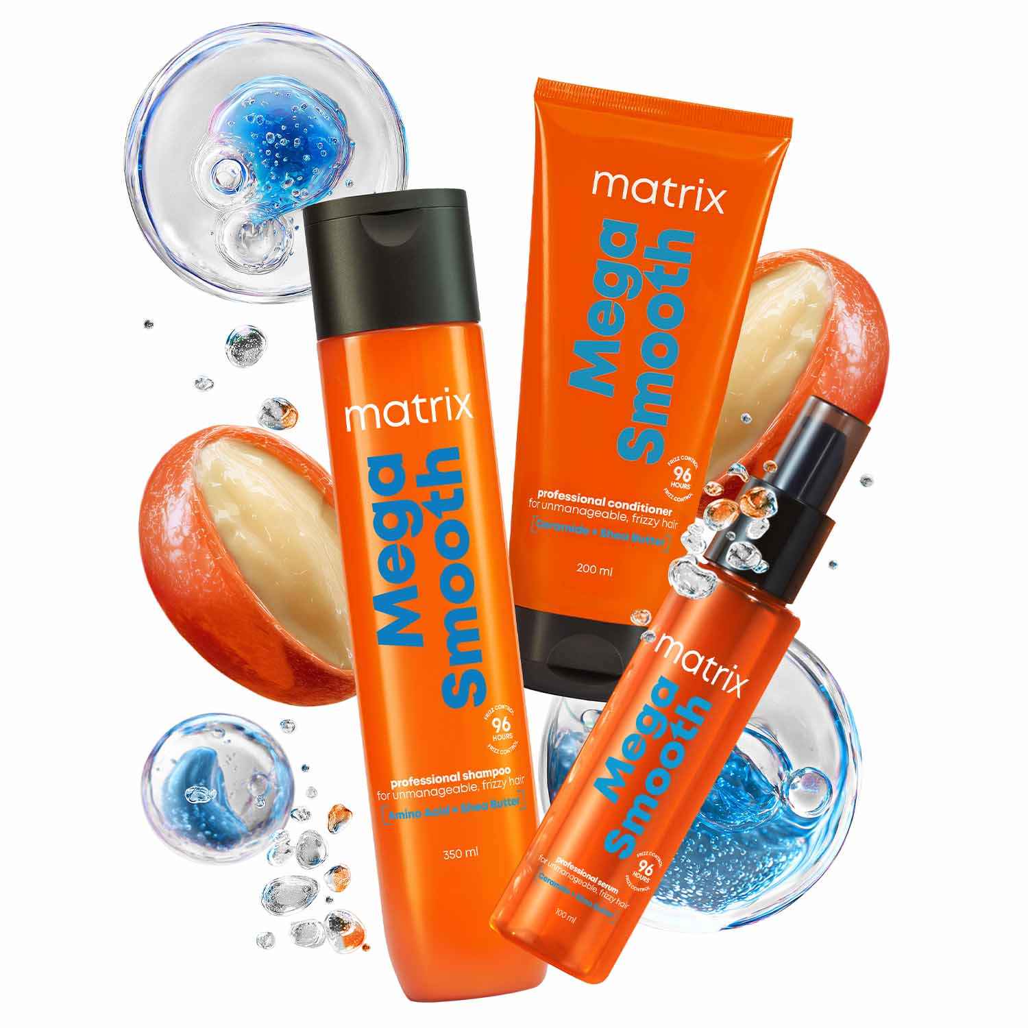 Buy MATRIX Mega Smooth Shampoo (350 ml), Conditioner (200 ml) & Serum(100 ml) Combo with Shea Butter for Frizzy Hair | Max Smoothness for 4 Days | Used by 1 Lakh Hairstylists* | For All Hair Types - Purplle
