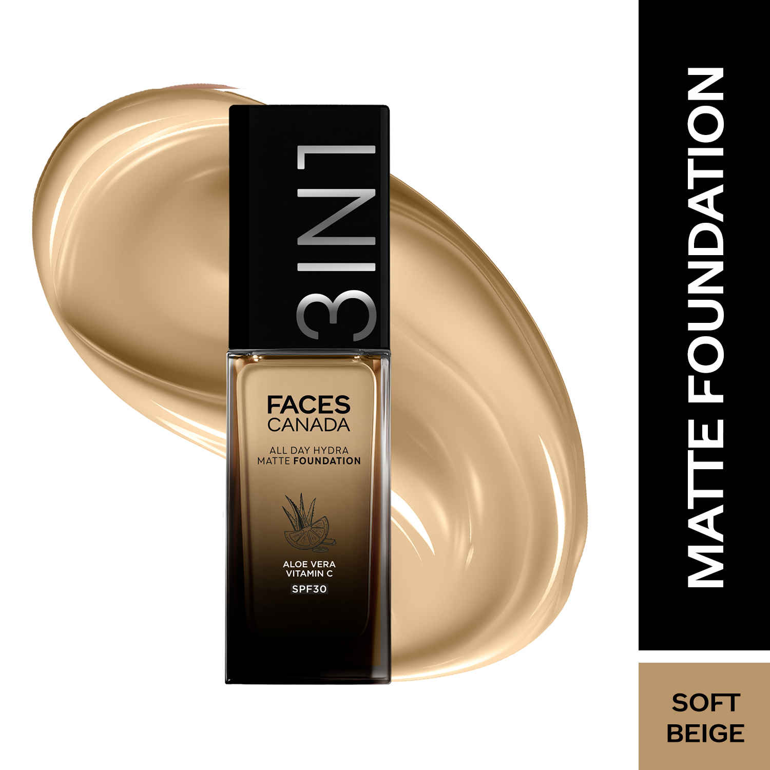 Buy FACES CANADA All Day Hydra Matte Foundation | 3-in-1 Foundation + Moisturizer + SPF 30 | 24 HR Aloe Hydration & Vitamin C | 10HR Long Wear | Medium to High Buildable Coverage | Soft Beige 033 | 30 ml - Purplle