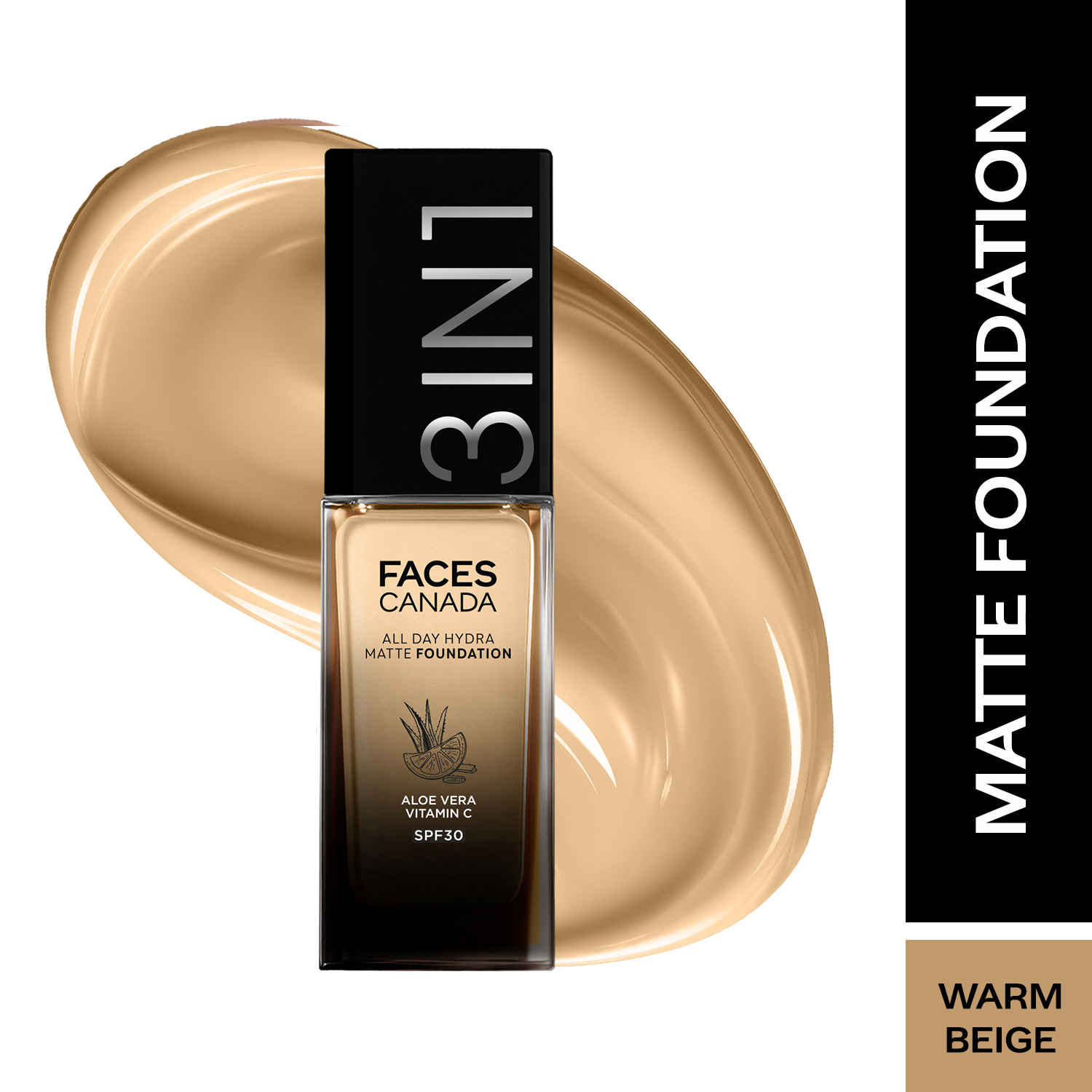 Buy FACES CANADA All Day Hydra Matte Foundation | 3-in-1 Foundation + Moisturizer + SPF 30 | 24 HR Aloe Hydration & Vitamin C | 10HR Long Wear | Medium to High Buildable Coverage | Warm Beige 034 | 30 ml - Purplle