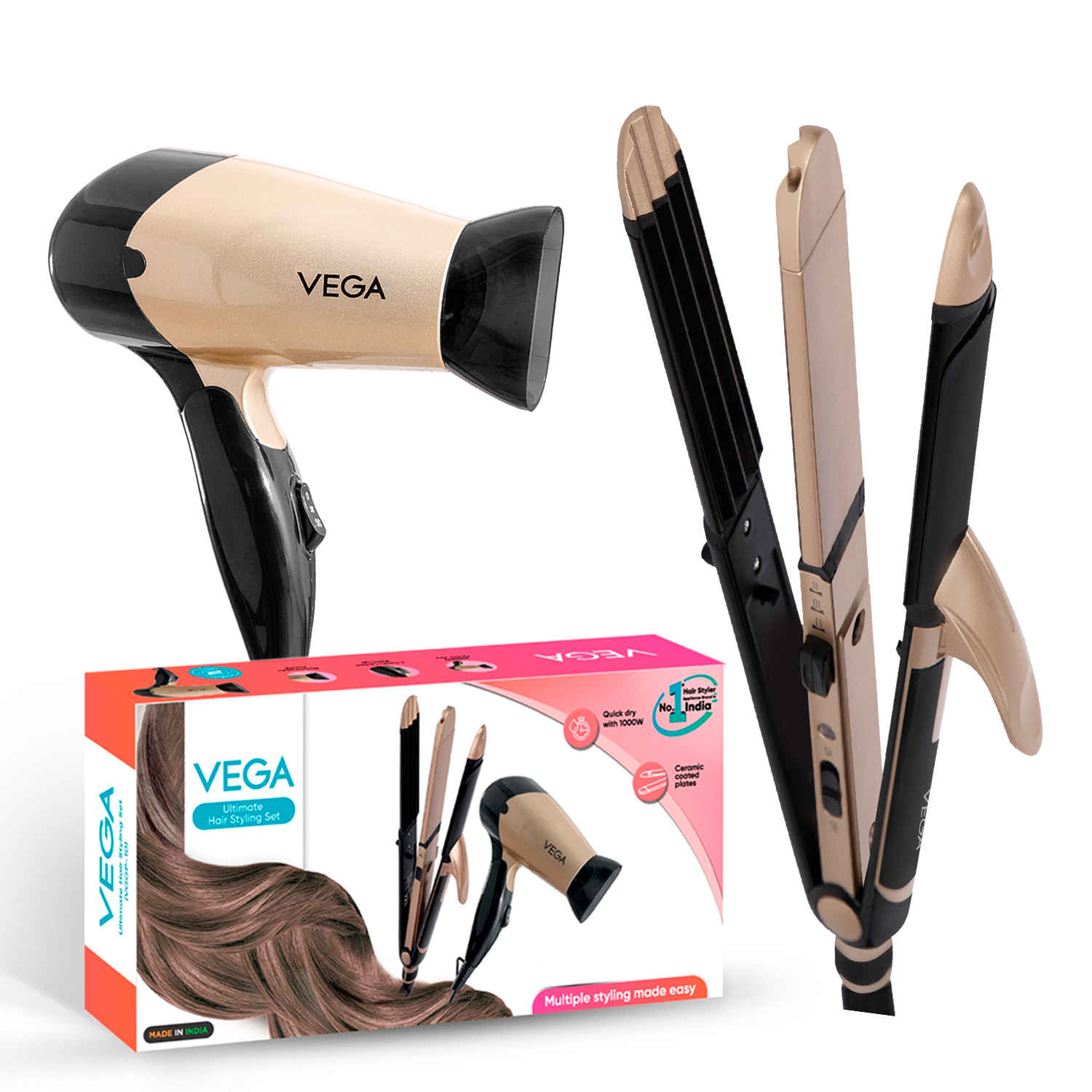 Buy VEGA Hair Dryer and Straightener Combo Includes: 3 in 1 Hair Styler and Blooming Air + Hair Dryer with 1000W for Women, for Quick Styling at Home, Suitable for All Hair Types, Blow Dryer (VGGP-10) 1 pc - Purplle