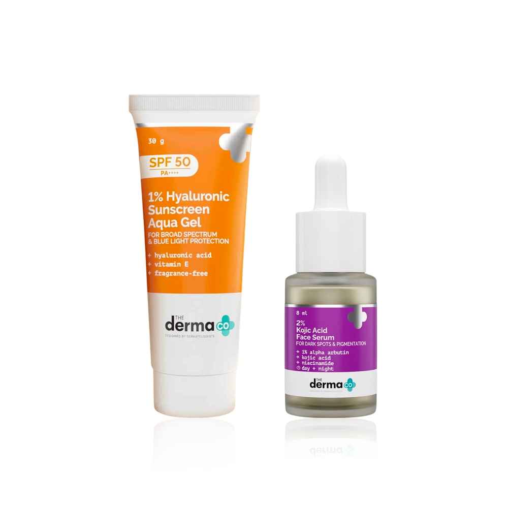 Buy The Derma Co Spotless Glow Duo (Derma Co 2% Kojic Acid Serum (8 ml) + 1% Hyaluronic Sunscreen Aqua Gel SPF 50 (30 gm) | Fade Dark Spots, Protect & Hydrate) Combo of 2 - Purplle