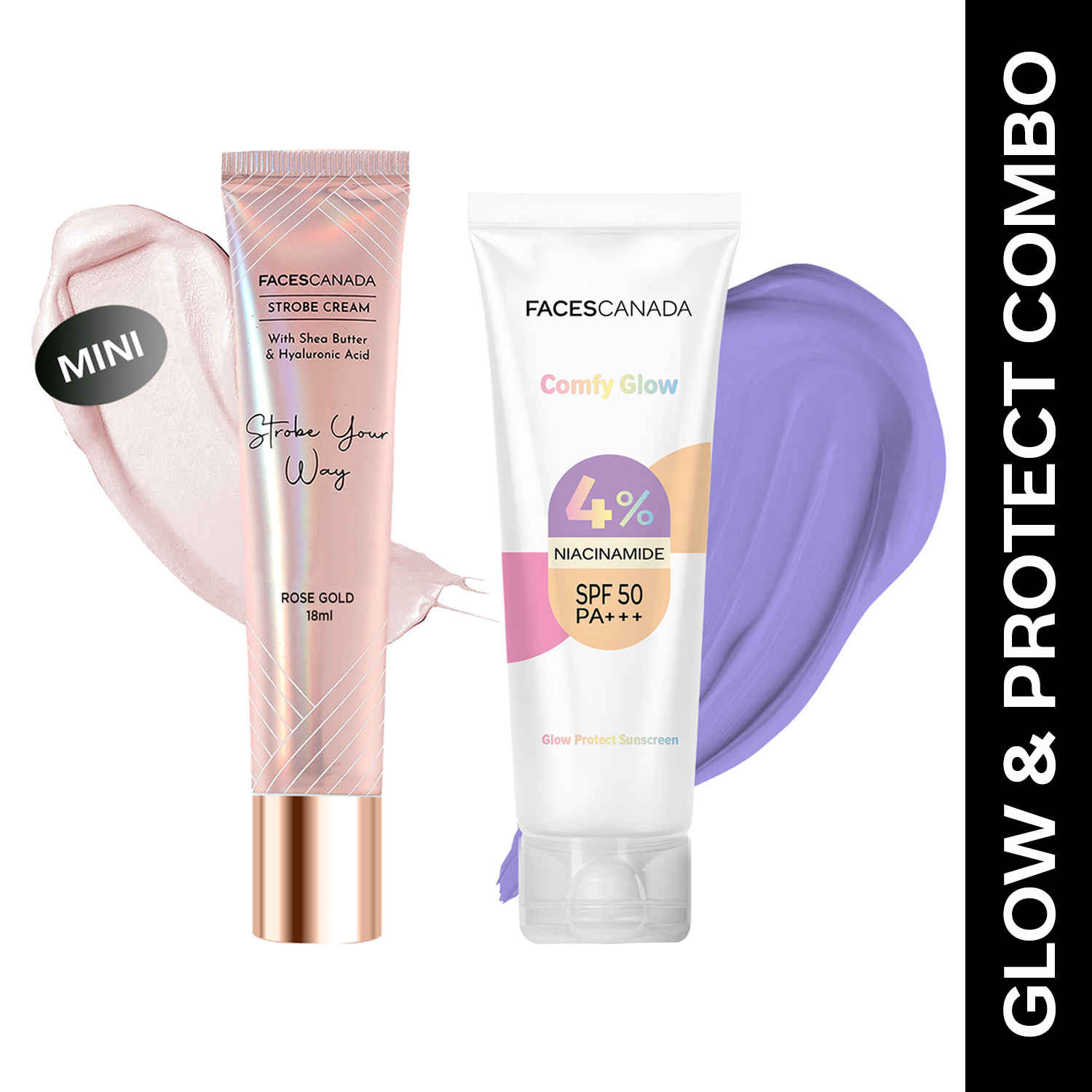 Buy FACES CANADA Glow & Protect Combo | Comfy Glow Sunscreen - SPF 50 (30 ml) with 4% Niacinamide + Strobe Cream Mini- Rose Gold (18 ml) with Hyaluronic Acid | UVA & UVB Protection | Brightens Skin | Highlighter | Hydrating - Purplle