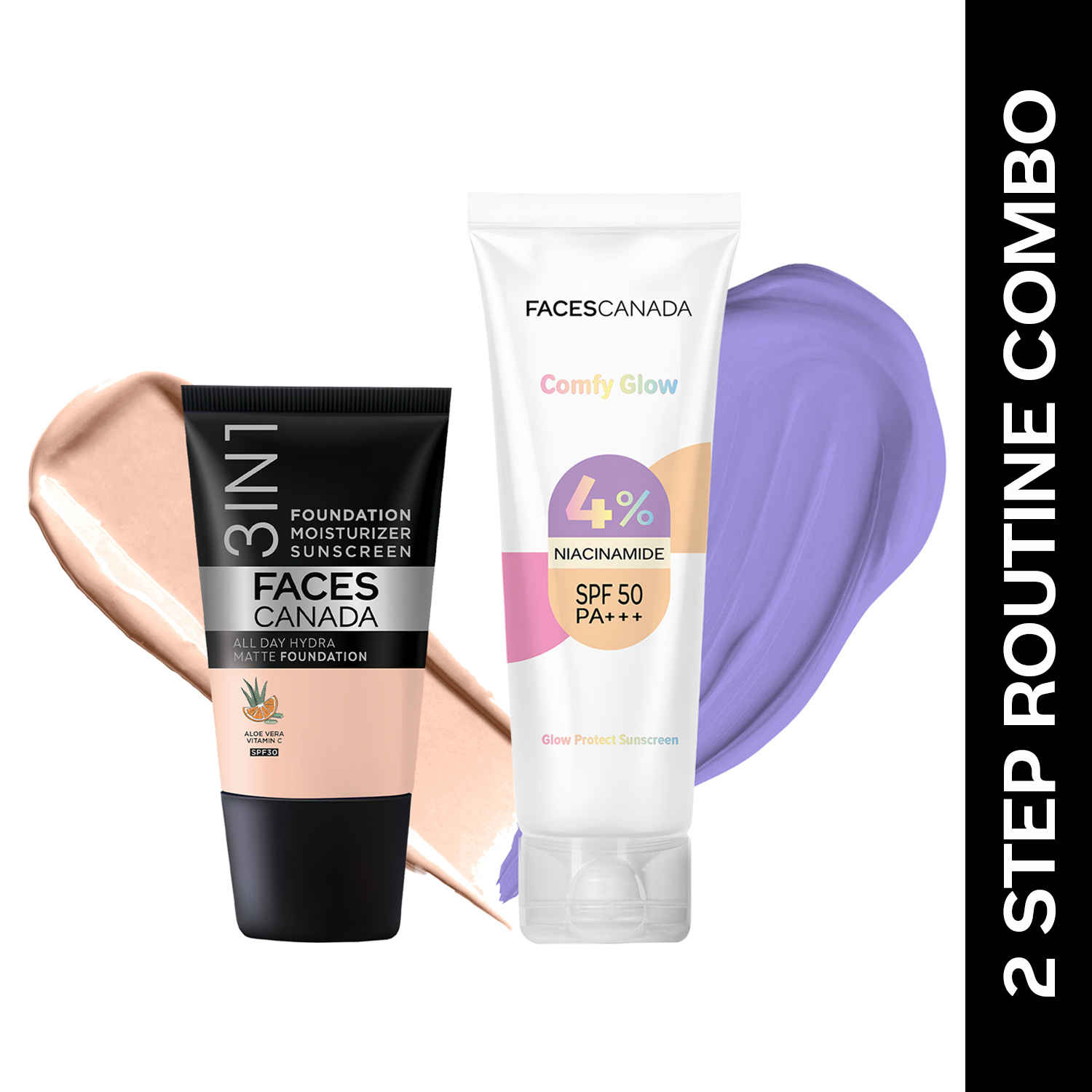 Buy FACES CANADA 2 Step Routine Combo | Comfy Glow Sunscreen - SPF 50 (30 ml) with 4% Niacinamide + Hydra Matte Foundation Mini - Rose Ivory 011 (18 ml) with SPF 30 & Vitamin C | UVA & UVB Protection | Hydrating & Lightweight - Purplle