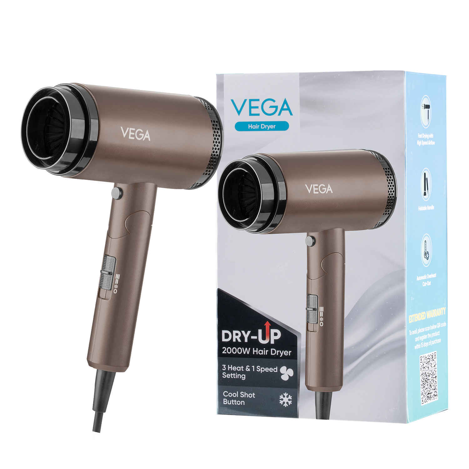 Buy Vega Dry-Up 2000 Watts Hair Dryer For Men & Women with 3 Heat & 1 Speed Setting & Cool Shot Button, Blow Dryer, Foldable Hair Dryer with Over Heat Cut-Out, Blow Dry Effortless Hair Style, (VHDH-36) - 1 pc | gift for women - Purplle