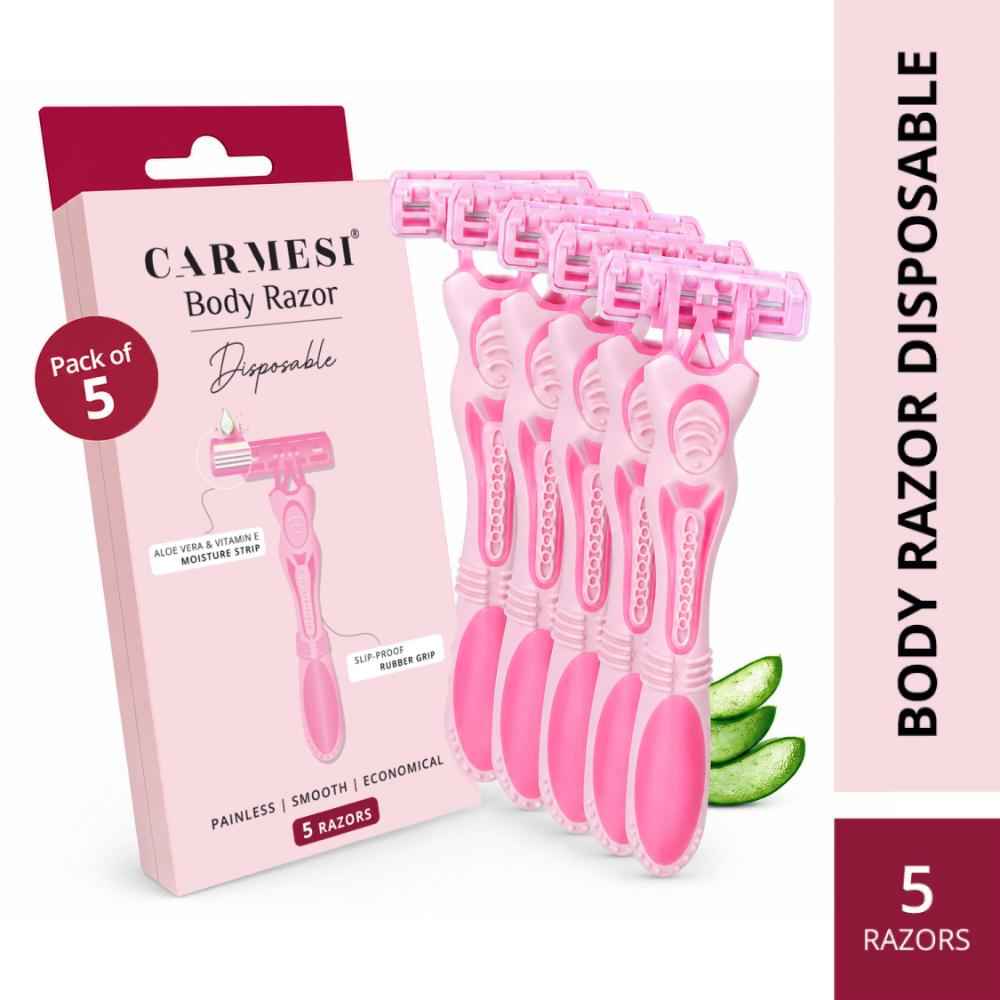 Buy Carmesi Disposable Body Razors for Women - Pack of 5 | Aloe Vera & Vitamin E Moisture Strip For Smooth & Painless Hair Removal | Slip-Proof Rubber Grip | Safe, Hygienic & Economical - Purplle
