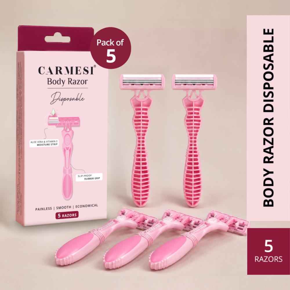 Buy Carmesi Disposable Body Razors for Women - Pack of 5 | Aloe Vera & Vitamin E Moisture Strip For Smooth & Painless Hair Removal | Slip-Proof Rubber Grip | Safe, Hygienic & Economical - Purplle
