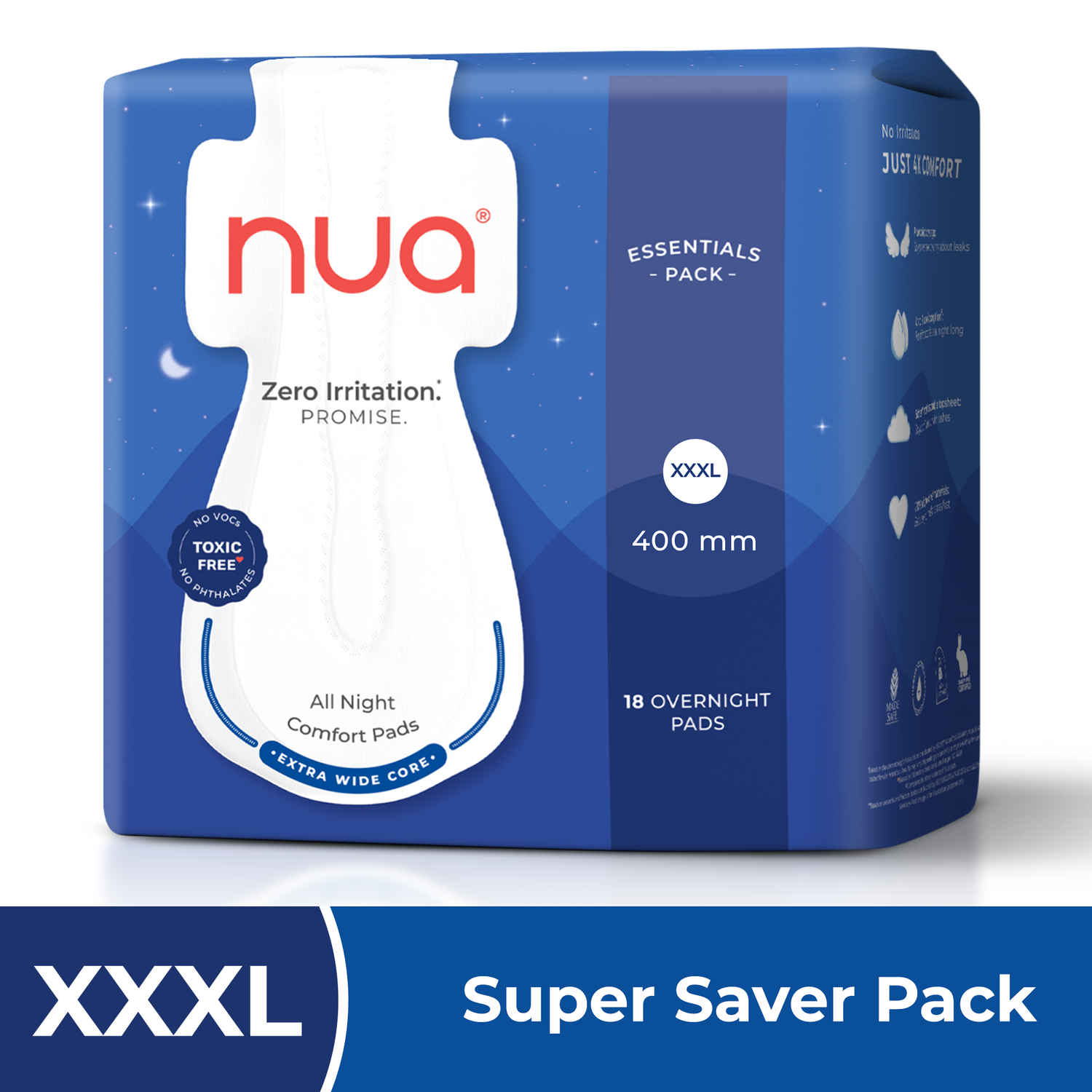 Buy Nua All Night Comfort Sanitary Pads | Pack of 18 (XXXL 400mm) | Extra Wide Core | Front to Back Coverage | Upto 12 Hours of Absorption | Super Soft and Breathable | No Rashes | 100% Toxic-Free - Purplle