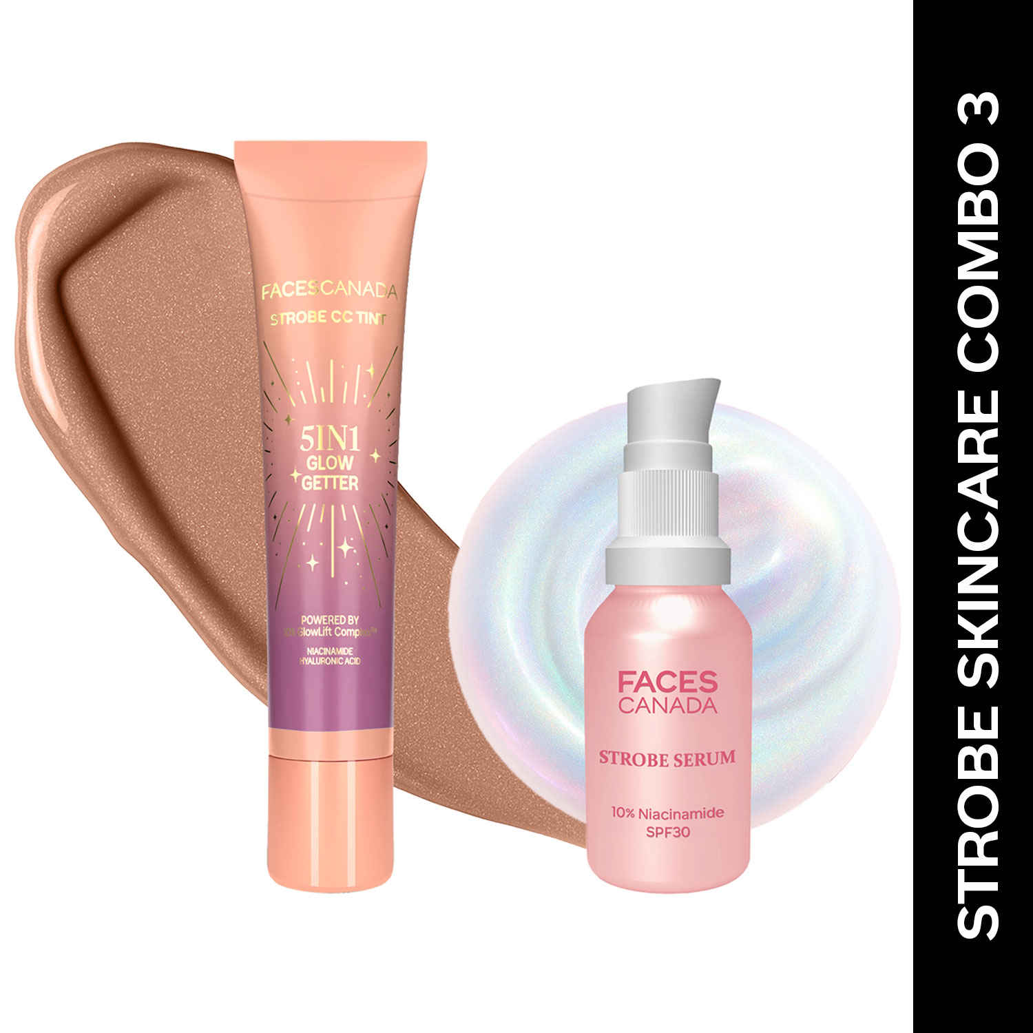 Buy FACES CANADA Strobe Skincare Combo for Instant Glow | Strobe Serum, 15 ml + CC Tint - Twilight Veil, 18 ml | SPF 30 | Removes Dark Spots | Dewy Highlighter Like Glow | For Medium To Tan Skin | Pack of 2 - Purplle