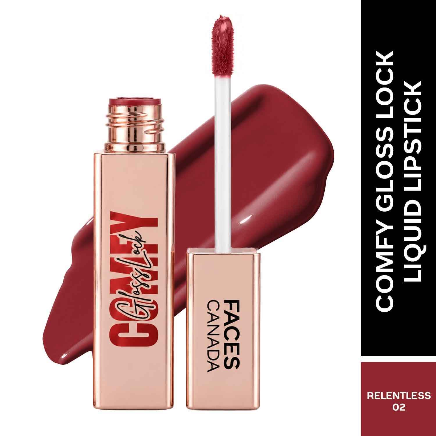 Buy FACES CANADA Comfy GlossLock Liquid Lipstick - Relentless 02, 4 ml | Rich Vinyl Shine | Glass Lip Effect | Hyaluronic Acid & Shea Butter | Non-Sticky | Lightweight | Transfer Resistant | Nourishing | Long Stay - Purplle