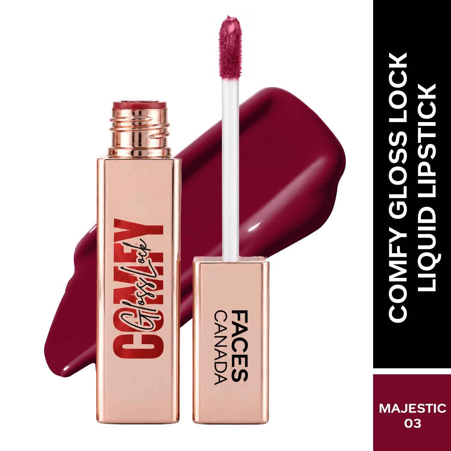 Buy FACES CANADA Comfy GlossLock Liquid Lipstick - Majestic 03, 4 ml | Rich Vinyl Shine | Glass Lip Effect | Hyaluronic Acid & Shea Butter | Non-Sticky | Lightweight | Transfer Resistant | Nourishing | Long Stay - Purplle