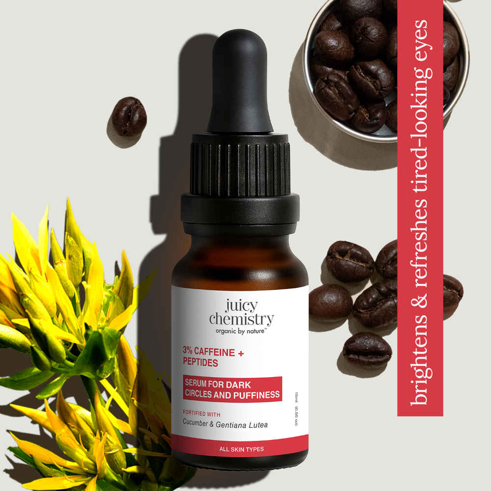 Buy Juicy Chemistry 3% Caffeine + Peptides Eye Serum, 15 ml | Reduces Dark Circles, Puffiness & Fine Lines | Hydrating & Firming Eye Care | Brightens Under Eyes | Lightweight | Dermatologically Tested - Purplle