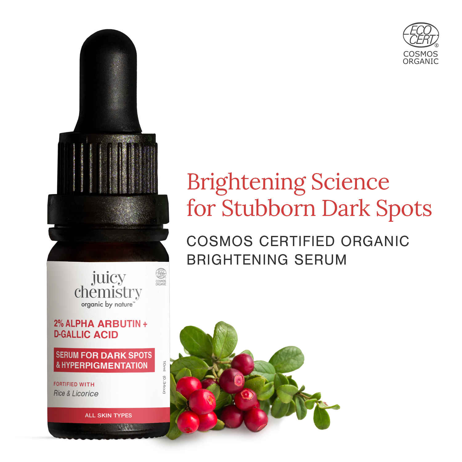 Buy Juicy Chemistry 2% Alpha Arbutin + D-Gallic Acid Serum, 10 ml | Brightens Skin Tone | Fades Dark Spots & Acne Scars | Soothes Irritation, Breakouts & Redness | Lightweight | All Skin Types | Dermatologically Tested - Purplle