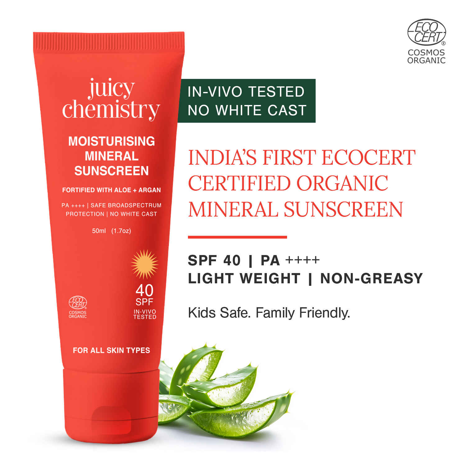 Buy Juicy Chemistry Moisturising Mineral Sunscreen, 50 ml | In - Vivo Tested SPF 40 & PA ++++ | With Aloe + Argan | Broadspectrum | No White Caste | Sheer Finish | Kids Safe (2+ years) & Pregnancy Friendly | For All Skin Types - Purplle