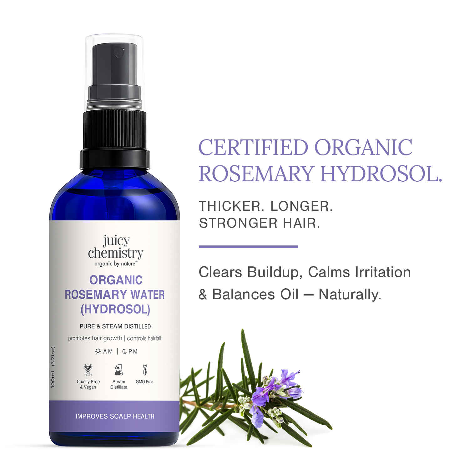 Buy Juicy Chemistry Organic Rosemary Water (Hydrosol), 100 ml | 100% Pure Steam Distilled Toner & Hair Mist | Boots Hair Growth | Reduces Dandruff & Controls Hairfall | Clarifies Skin | Dermatologically Tested - Purplle