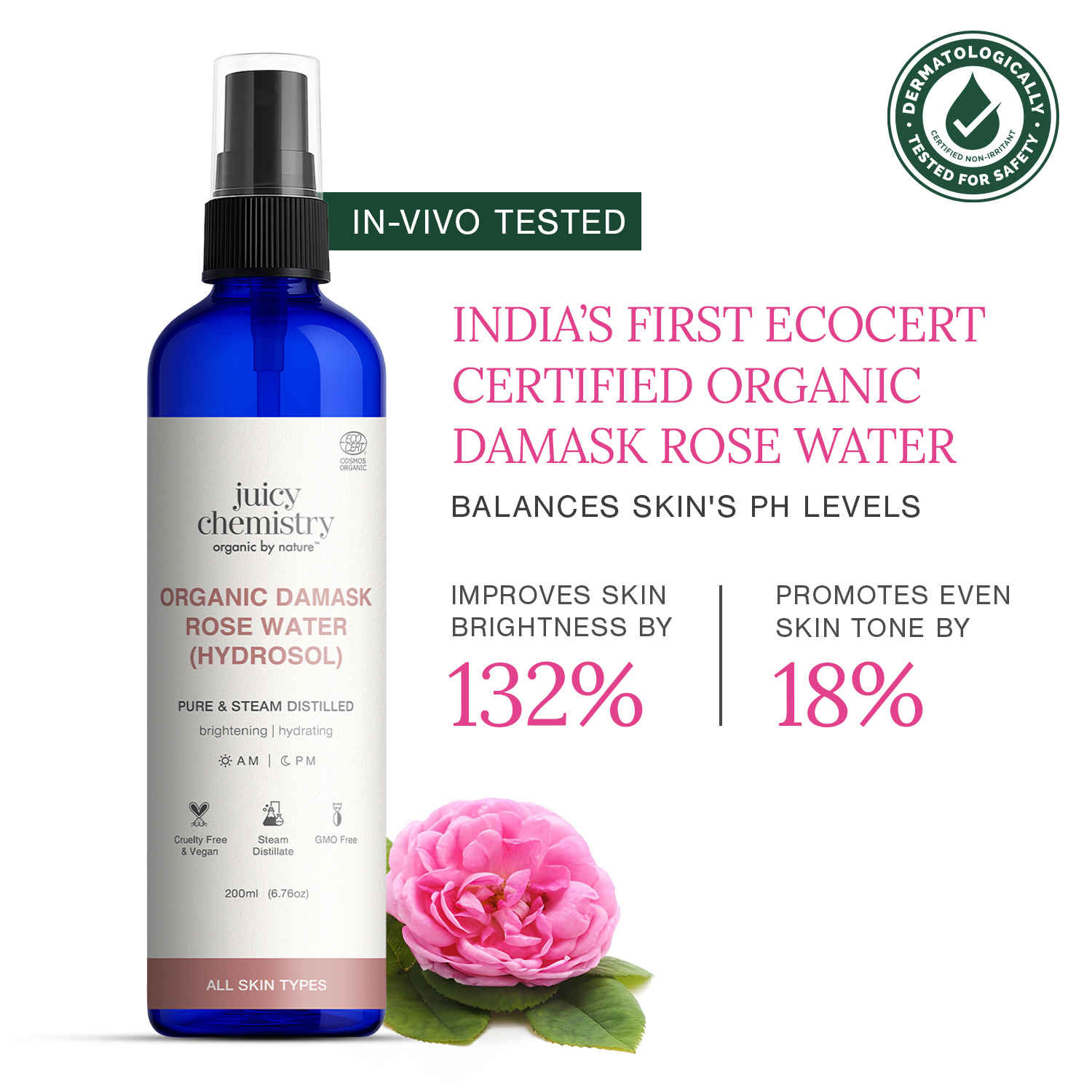 Buy Juicy Chemistry Organic Damask Rose Water (Hydrosol), 200 ml | 100% Pure Steam Distilled | Brightens & Promotes Even Skin Tone | Boosts Skin Hydration | Dermatologically Tested | Clinically Proven - Purplle