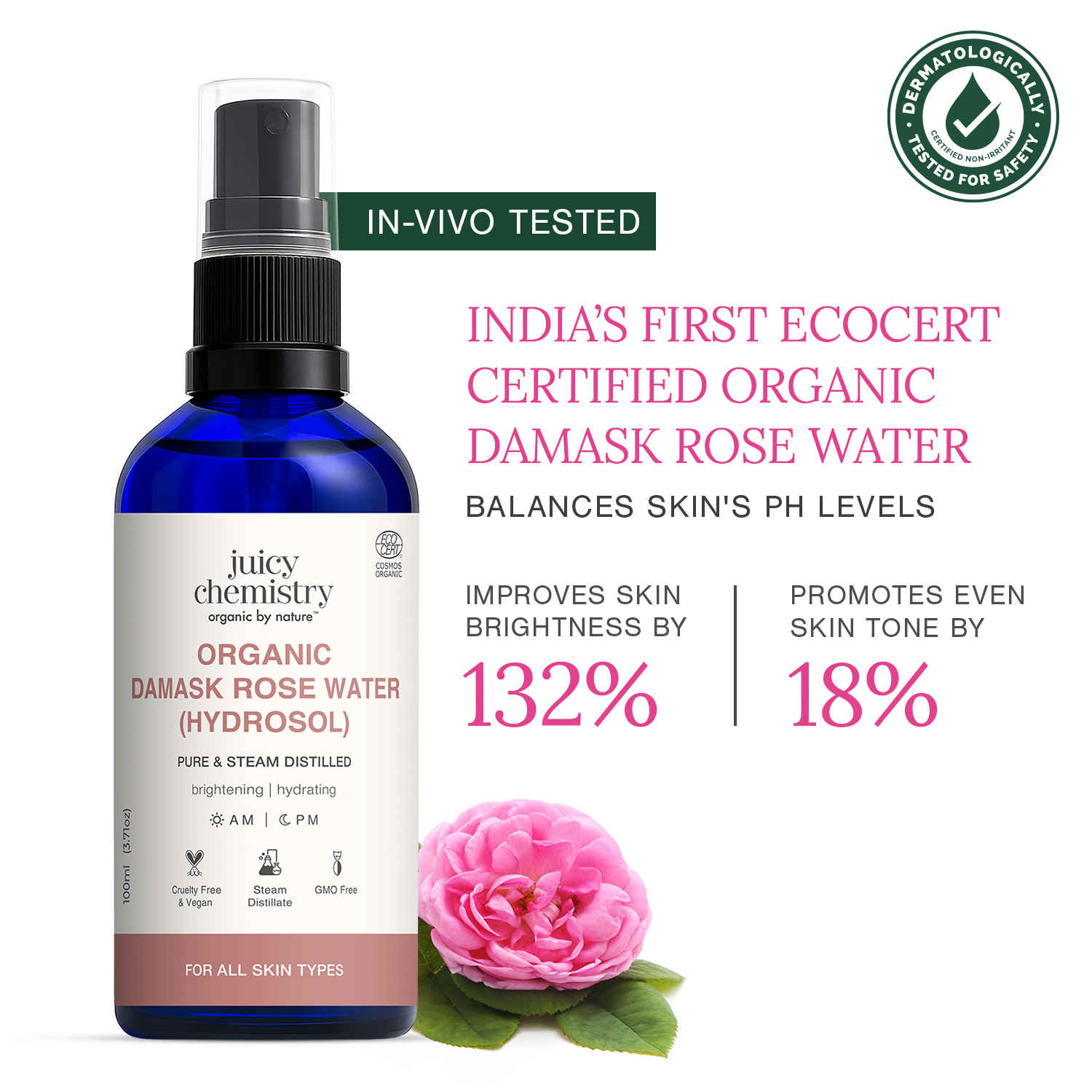 Buy Juicy Chemistry Organic Damask Rose Water (Hydrosol), 100 ml | 100% Pure Steam Distilled | Brightens & Promotes Even Skin Tone | Boosts Skin Hydration | Dermatologically Tested | Clinically Proven - Purplle