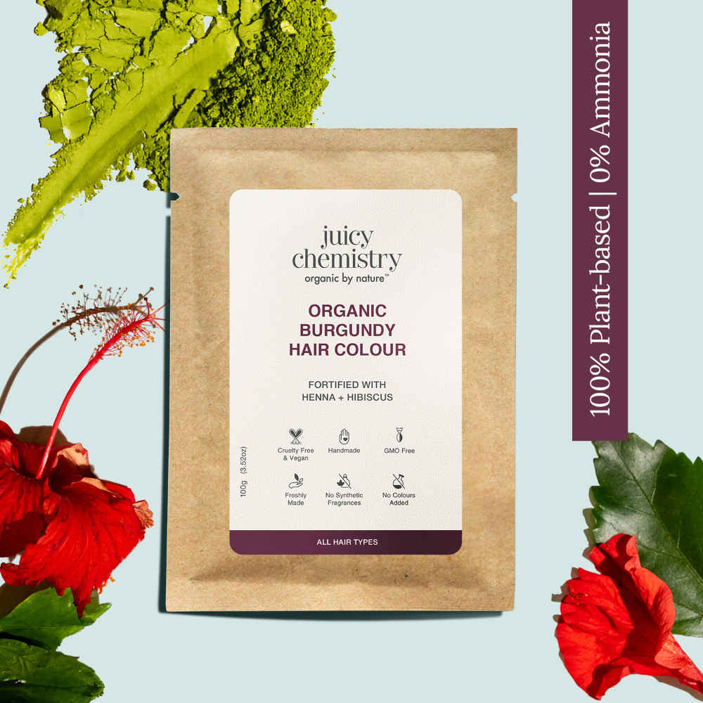 Buy Juicy Chemistry Organic Burgundy Hair Colour Fortified with Henna & Hibiscus, 200 gm | Natural Grey Coverage | Hair Conditioning - Purplle