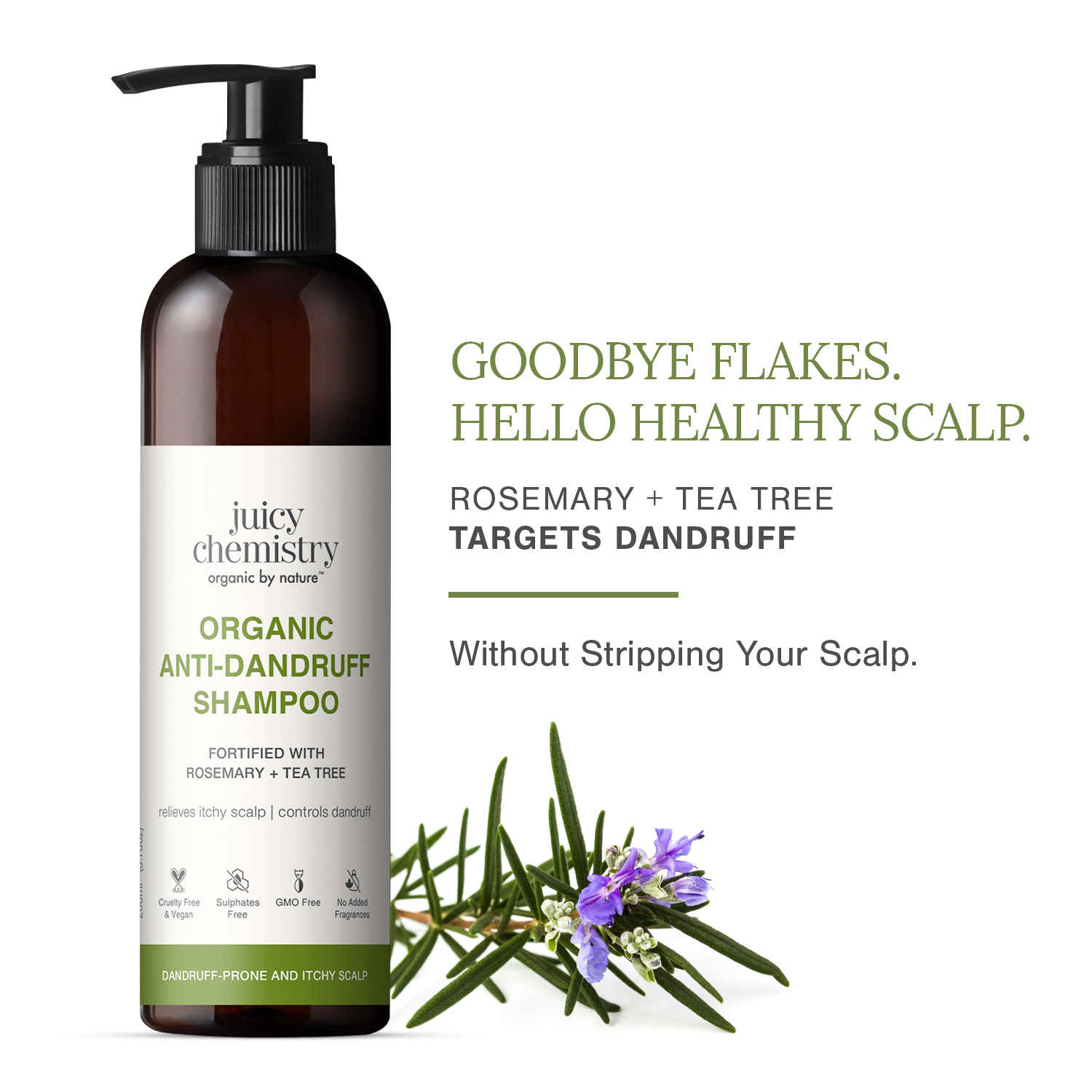 Buy Juicy Chemistry Organic Anti-Dandruff Shampoo with Rosemary & Tea Tree, 200 ml | Reduces Itchy Scalp & Flakiness | Controls Dandruff | Smoother & Shinier Hair | Suitable for Daily Use | Dermatologically Tested - Purplle