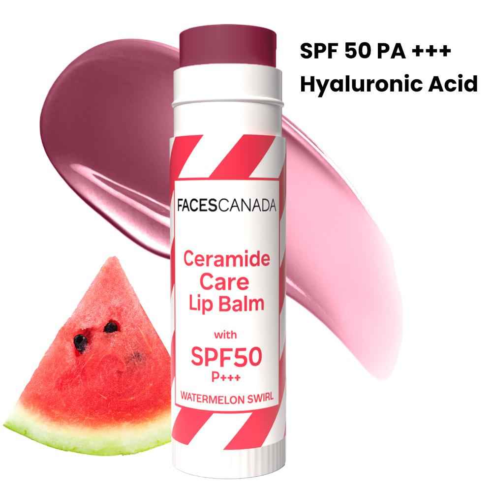 Buy FACES CANADA Ceramide Care Lip Balm - Watermelon Swirl 03, 4 gm | SPF 50 PA +++ Protection | Hydrates Dry & Chapped Lips | Repairs Lip Barrier | With Hyaluronic Acid & Shea Butter Infused - Purplle