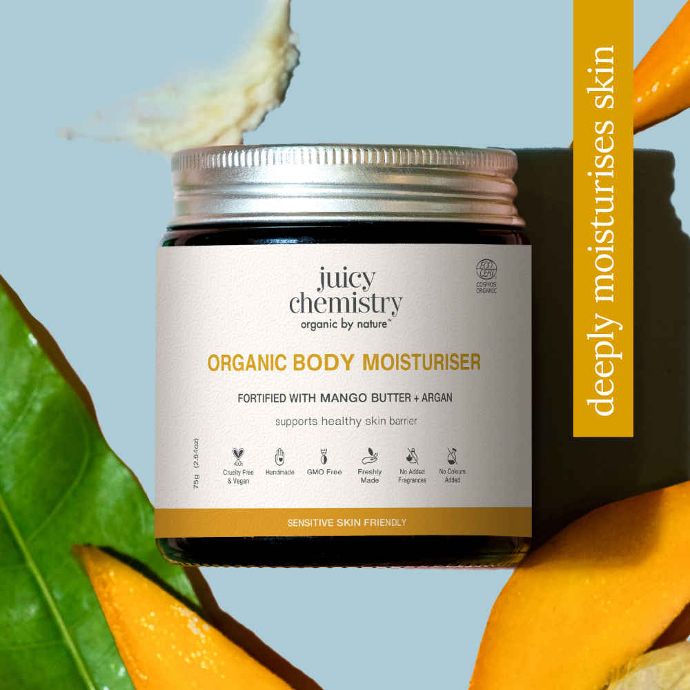 Buy Juicy Chemistry Organic Body Moisturiser Fortified with Mango Butter + Argan, 75 gm | Deeply Hydrates & Softens Dry Skin | Certified Organic, Alcohol-Free & Non-Greasy - Purplle
